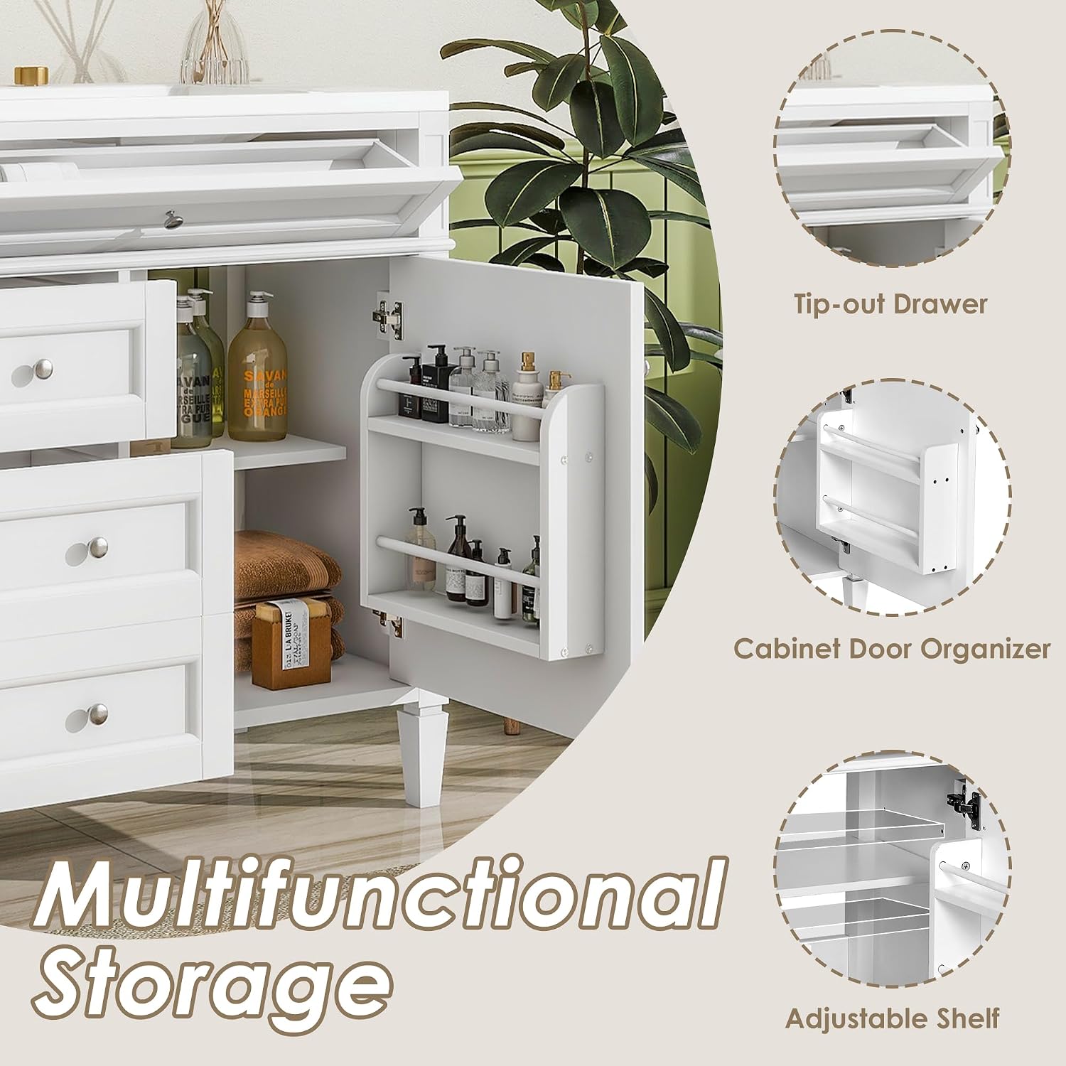 Merax 36 Inch Bathroom Vanity with Top Sink, Modern Bathroom Storage Cabinet with 2 Drawers and a Tip-Out Drawer, Solid Wood Frame Single Sink Bath Vanities, White