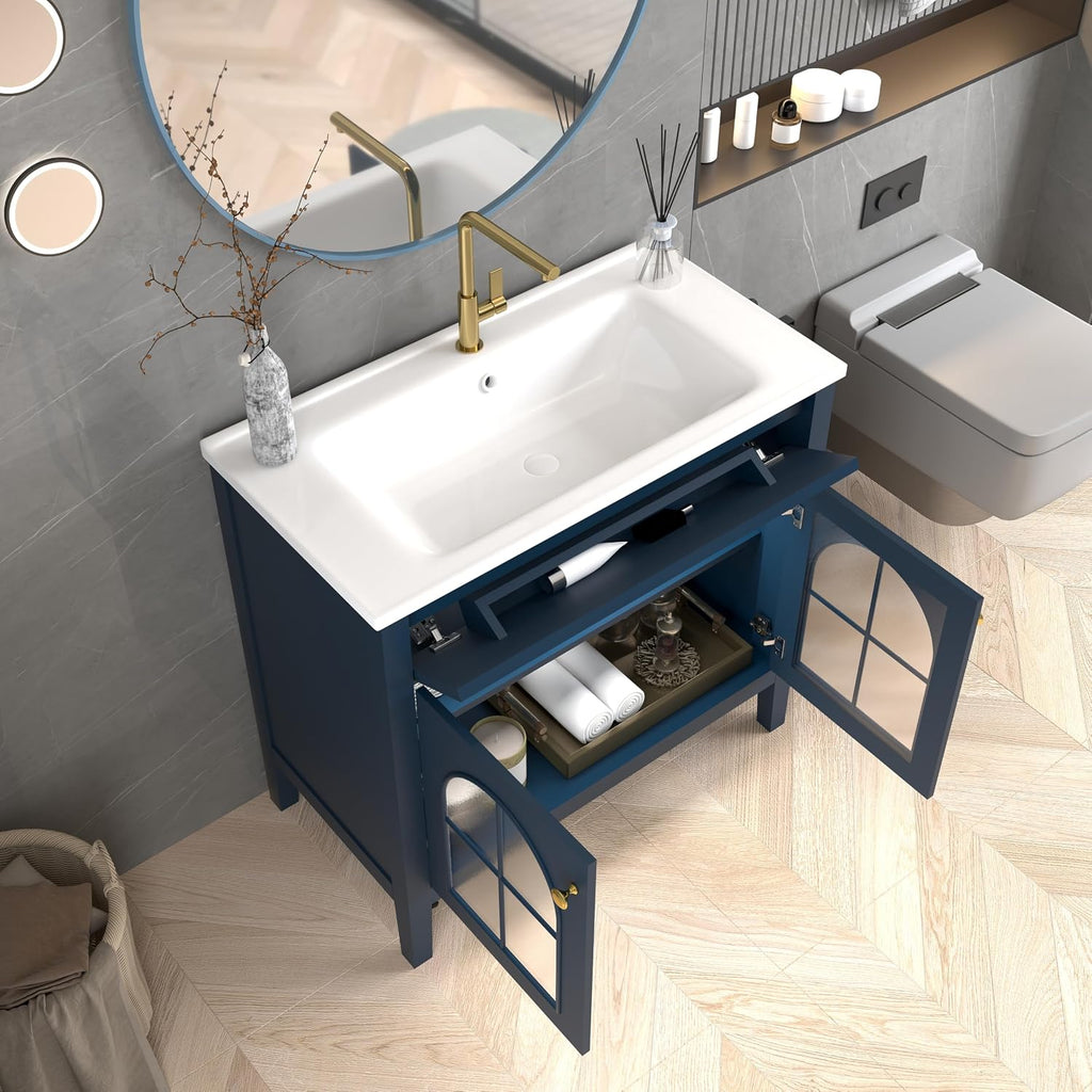 36 inch Bathroom Vanity with Sink Combo, Mid Century Modern Freestanding Bathroom Cabinet with Integrated Ceramic Sink, Flip Top Drawer, Flower Patterned Glass Doors, Adjustable Shelves, Blue