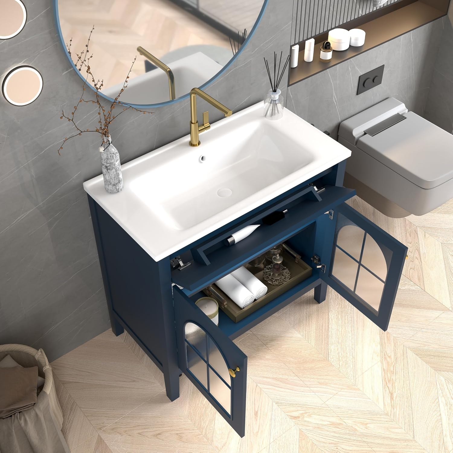 36 inch Bathroom Vanity with Sink Combo, Mid Century Modern Freestanding Bathroom Cabinet with Integrated Ceramic Sink, Flip Top Drawer, Flower Patterned Glass Doors, Adjustable Shelves, Blue