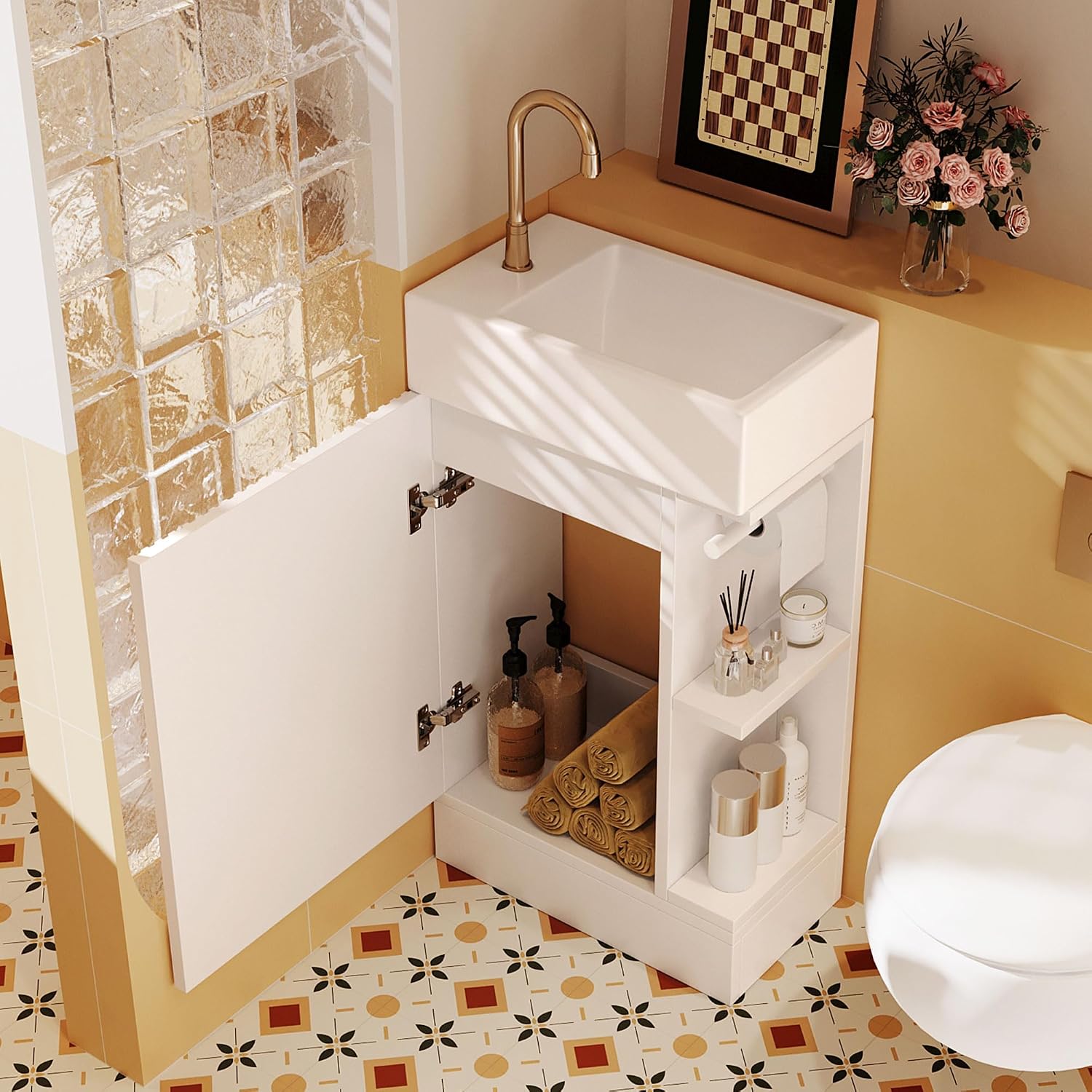 18.6' Bathroom Vanity Cabinet with Ceramic Sink Top Set, Left or Right Available, Freestanding, Two-Tier Storage Shelf, White