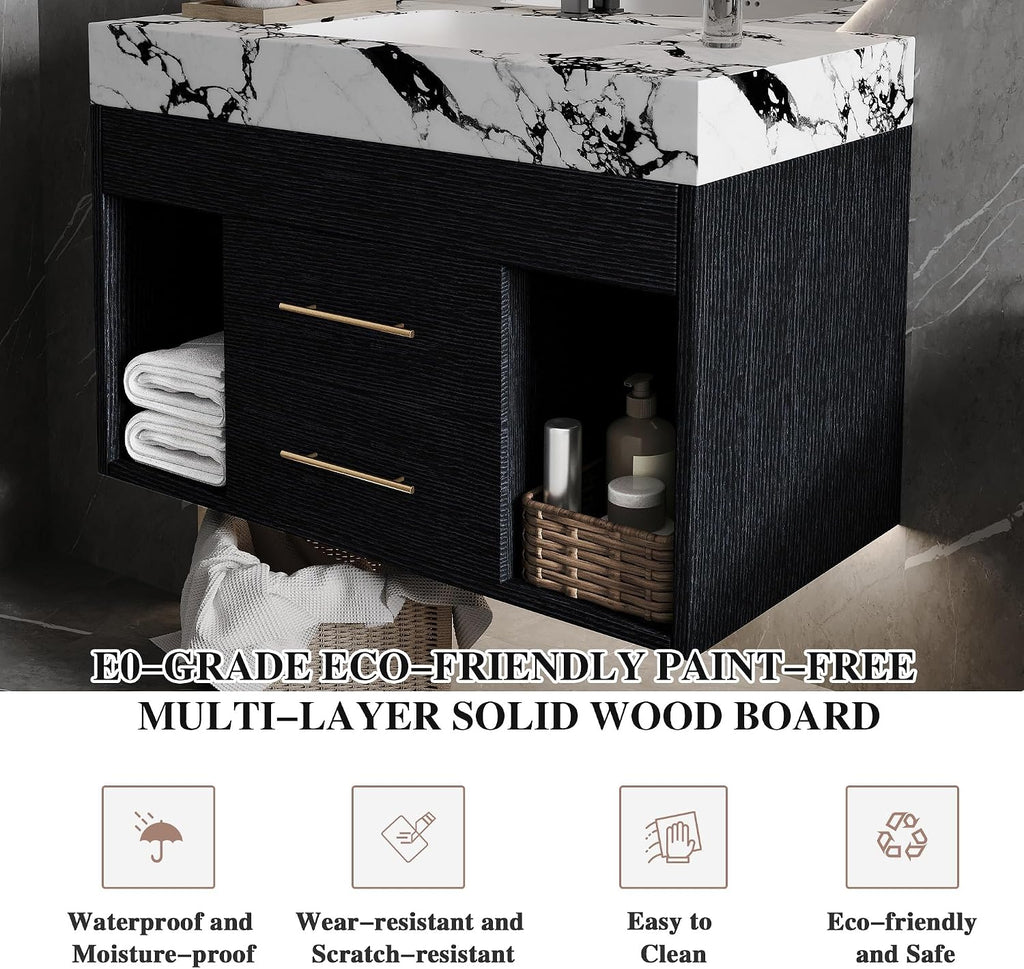 30' Bathroom Vanity with Sink Set, Modern Black Wall Mounted Bathroom Vanity Cabinet with Sintered Stone Top&Gold Handle 2 Drawers&2 Open Storage, Single Sink Floating Bathroom Vanity