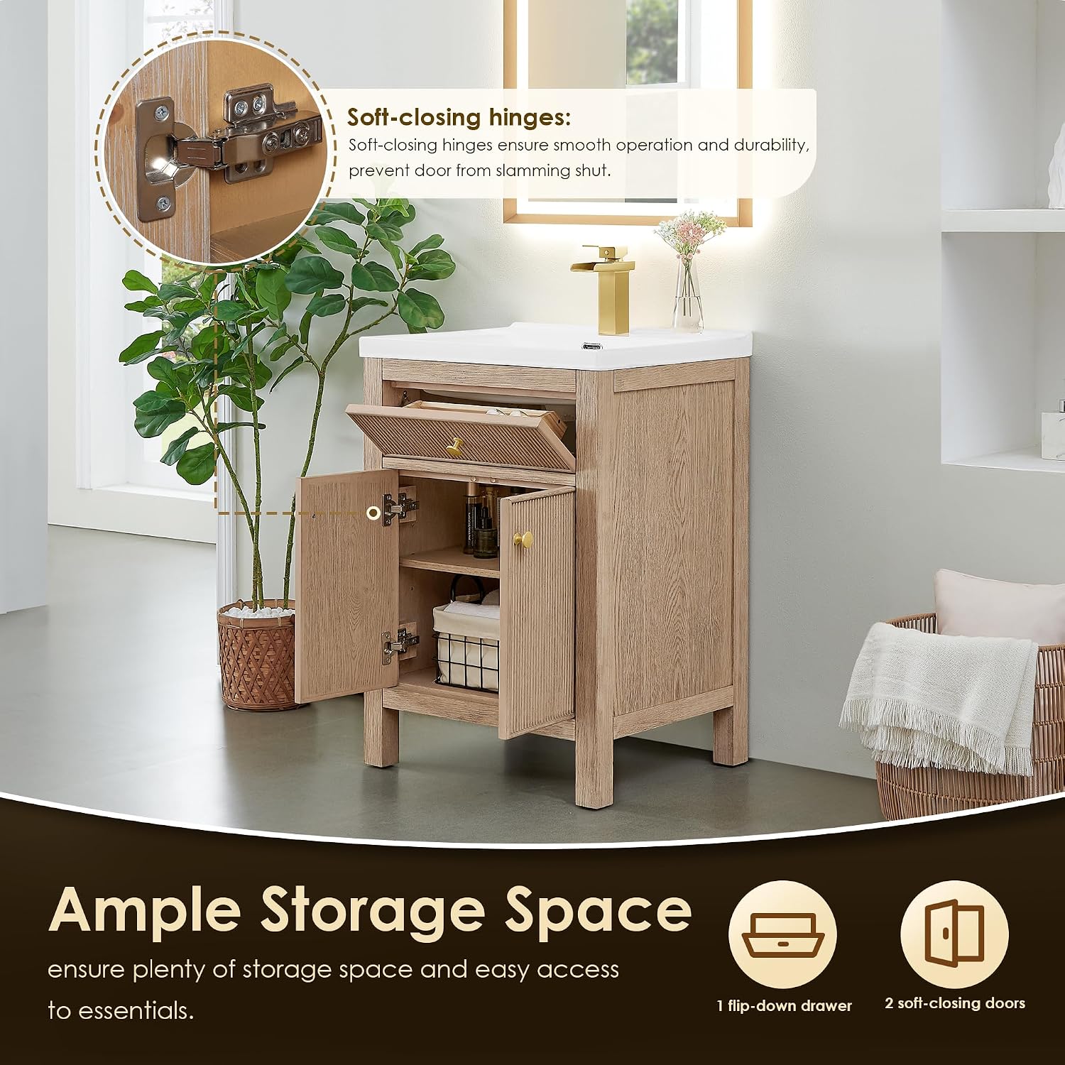 ALTAIR 24 Inch Vanity Bathroom Small Sink Vanities Single Bath Large Storge Cabinet with Ceramic Sinks Countertop Soft Closing Doors and Dovetail Drawers Modern Pre-Assembled