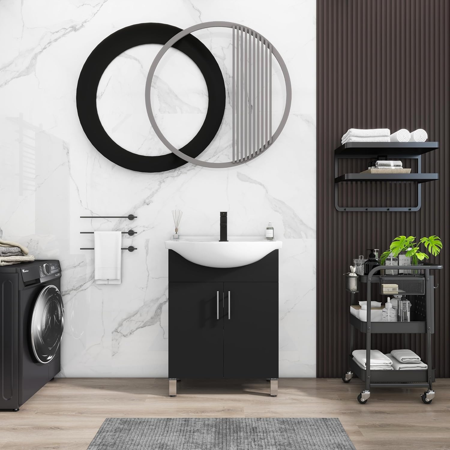 LUCKWIND 24 Inch Black Laundry Sink Cabinet Set with Ceramic Belly Bowl Sink and Faucet - Bathroom Vanity Combo, Ceramic Utility Sink for Laundry, Utility Room, Bathroom, Kitchen