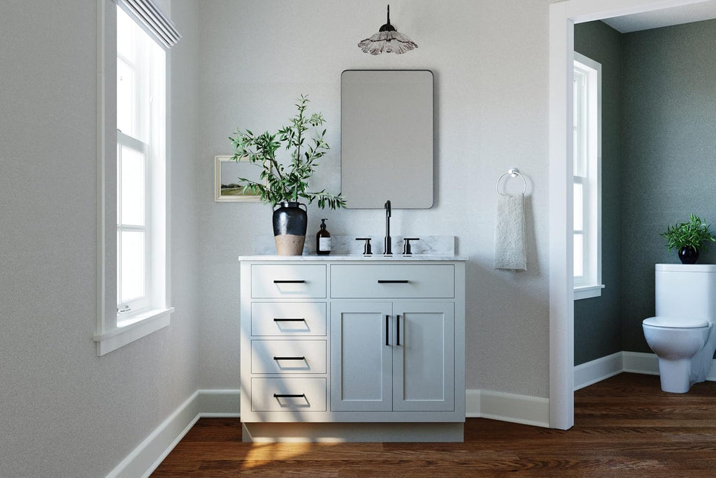 ARIEL Hepburn 43' Inch Right Offset Rectangle Sink Vanity with 0.75 Inch Edge Carrara White Countertop in Grey