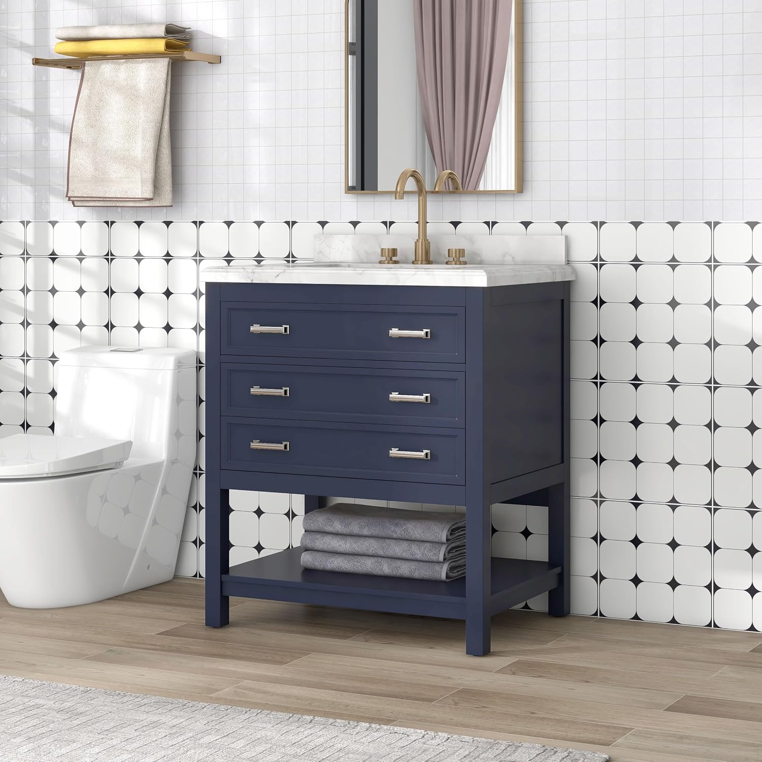 Furniture of America Genevieve 31 inch Modern Bathroom Vanity with Sink, Wood Cabinet with Carrera Marble Top, Soft-Closing Drawers and Open Shelf, Blue