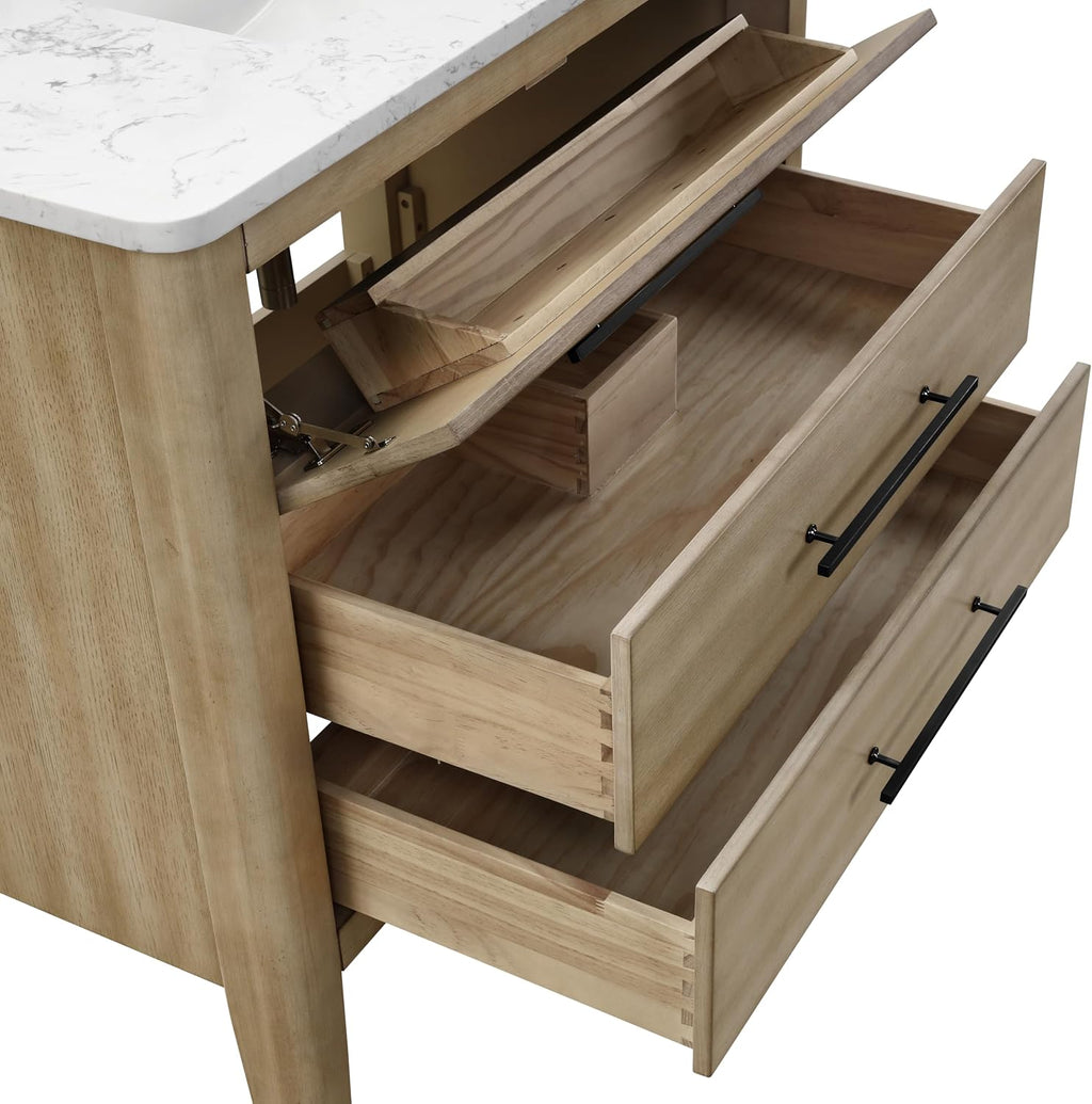 TILE & TOP Safford 36' Single Bathroom Vanity with Carrara White Quartz Top, Sink & Backsplash. 37' W x 22' D x 34.5' H. Oak Veneer. Solid Wood. Pre-Assembleb. 1 Till-Out & 2 Soft-Closing Drawers.