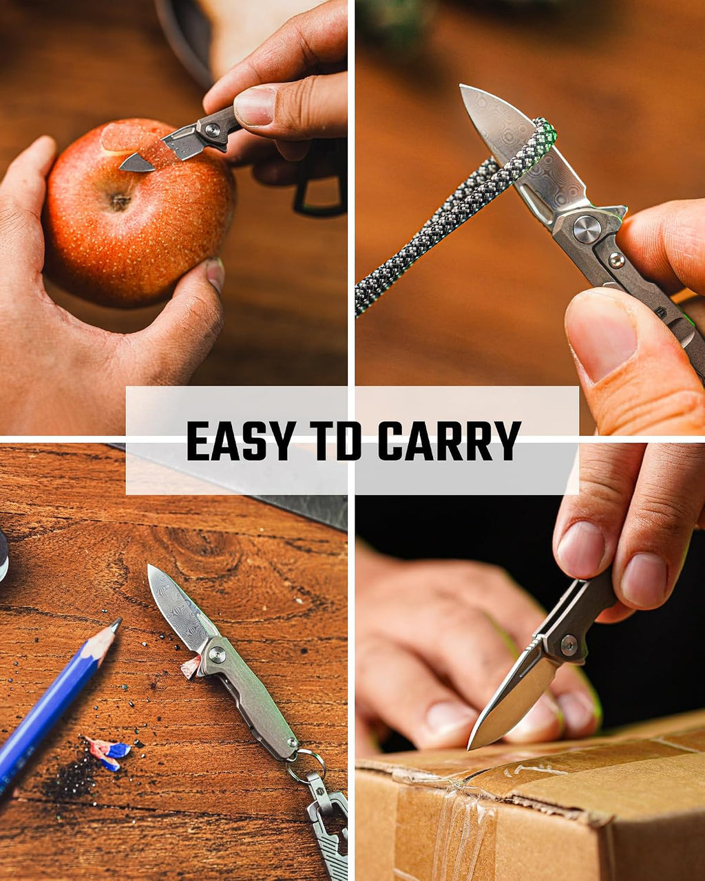KeyUnity Titanium Mini Knife, Damascus Pattern Blade 1.34', Pocket Utility Tool with Clip for Everyday Carry