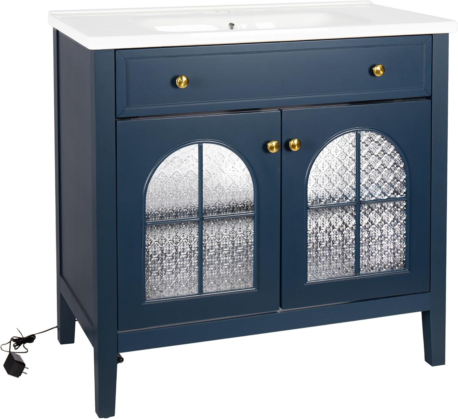 36 inch Bathroom Vanity with Sink Combo, Mid Century Modern Freestanding Bathroom Cabinet with Integrated Ceramic Sink, Flip Top Drawer, Flower Patterned Glass Doors, Adjustable Shelves, Blue