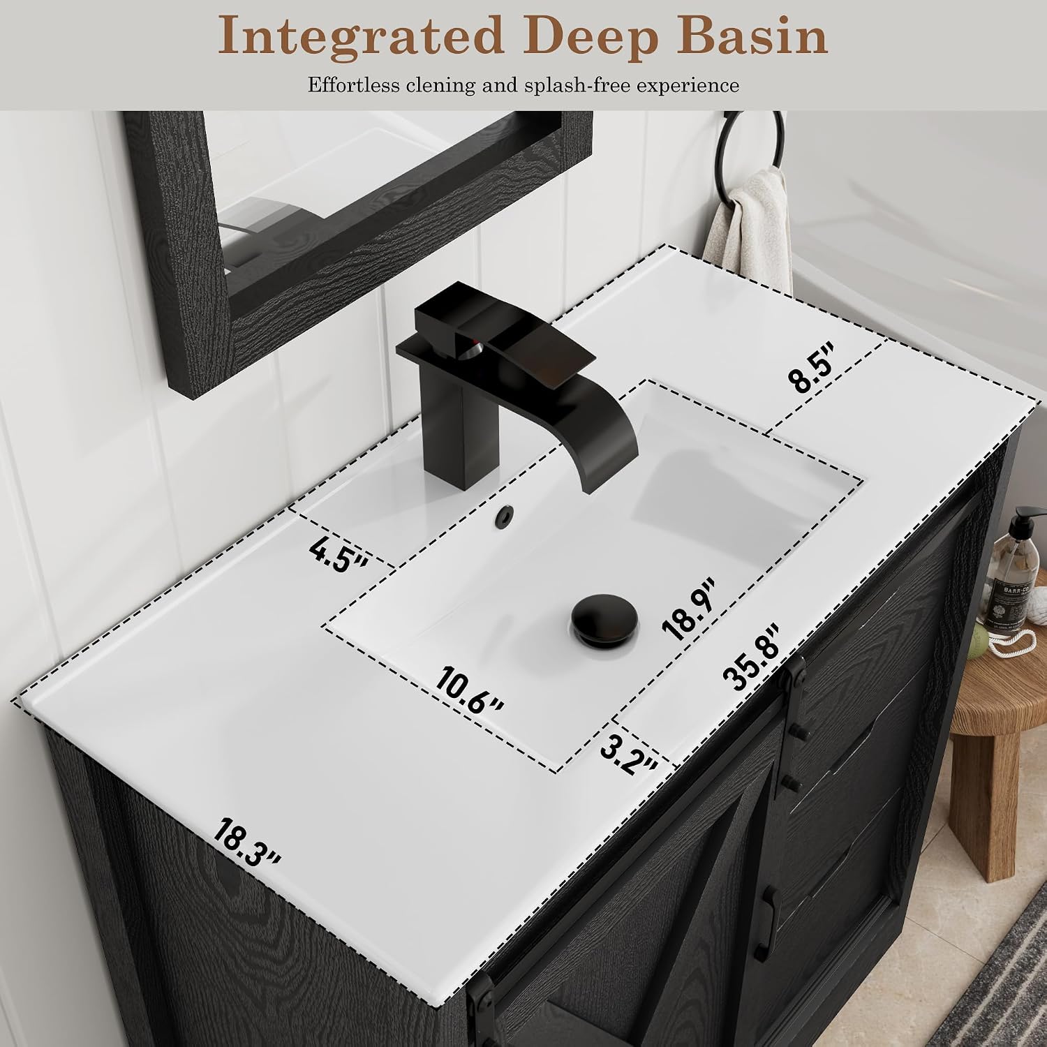 chartustriable 36 Inch Bathroom Vanity with Sink & Faucet & Mirror, Farmhouse Bathroom Vanity Cabinet Set with Sliding Barn Door & Drawers, Small Single Bath Storage Vanity Sink, Black