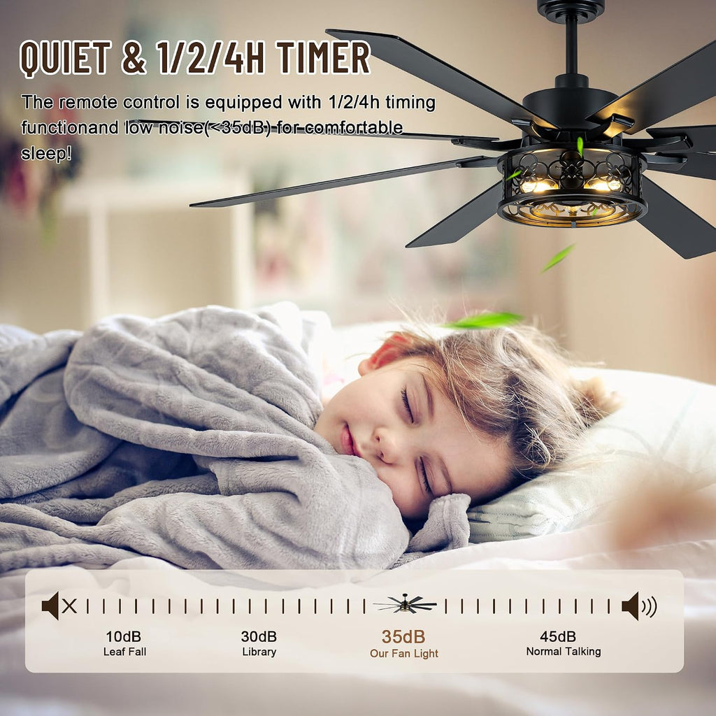 72 Inch Ceiling Fans with Lights, 6 Speed Reversible Quiet DC Motor 8 Dual Finish Wood Blades,Black Caged Rustic Large Industrial Ceiling Fans for Living Room Bedroom Patio,Indoor and Outdoor