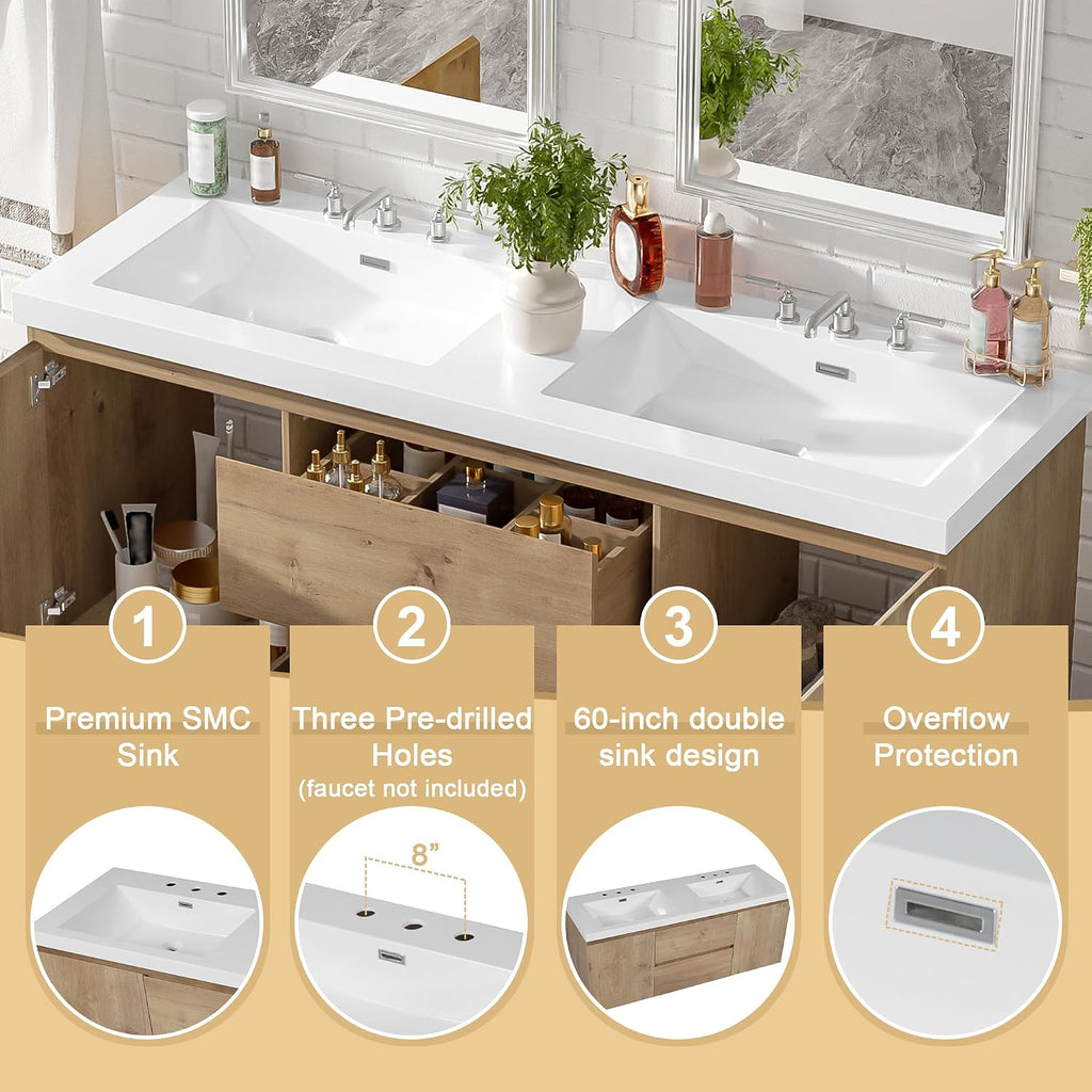 60'' Floating Bathroom Vanity with Sink, Wall-Mounted Cabinet with Drawer & Doors, SMC Resin Top Undermount Basin, Soft-Close, No Handle for Large Bathrooms