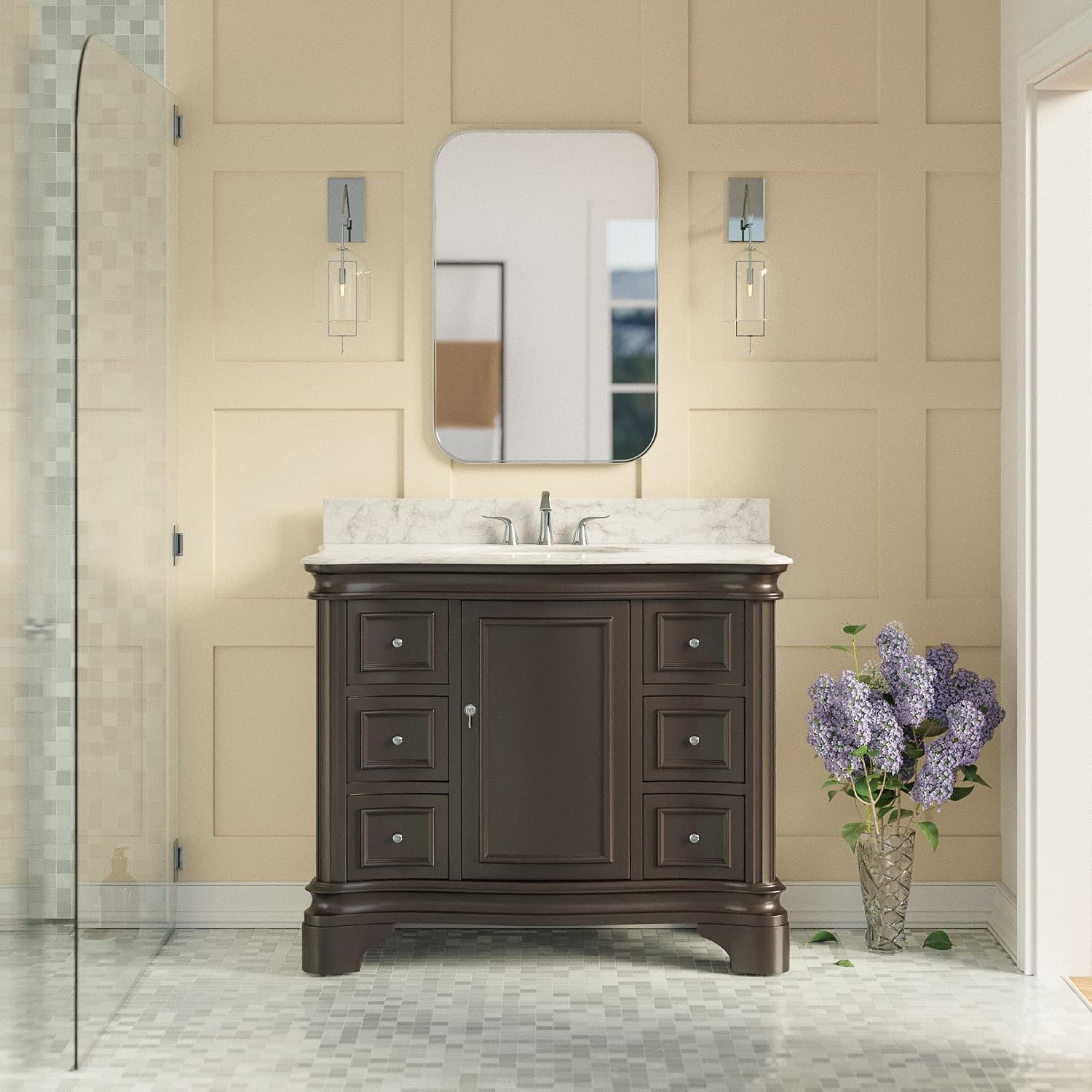 Kitchen Bath Collection Katherine 42-inch Bathroom Vanity (Carrara/Chocolate): Includes Chocolate Cabinet with Authentic Italian Carrara Marble Countertop and White Ceramic Sink