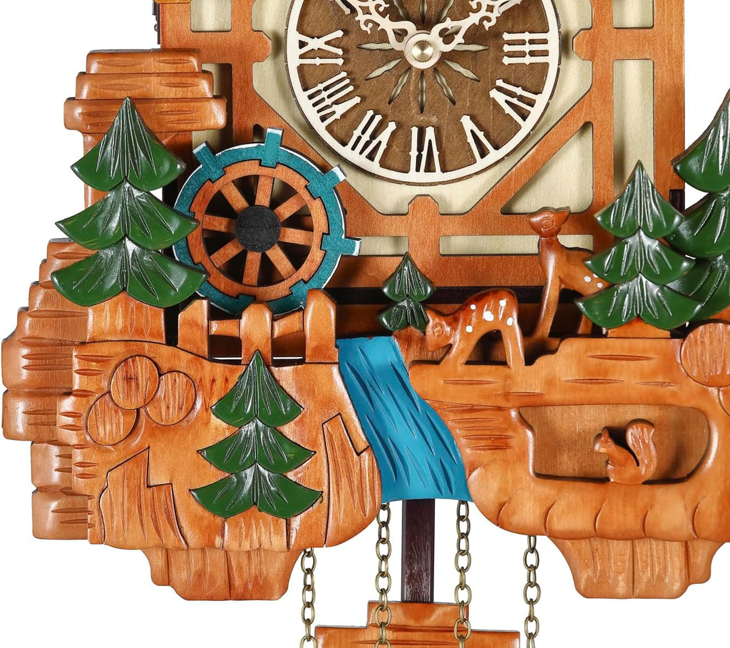 Kintrot Cuckoo Clock Black Forest Chalet Clock 11x22.5 Inches | Handcrafted Wooden Wall Clock with Singing Bird, Rotating Waterwheel, Night Mode and 12 Melodies