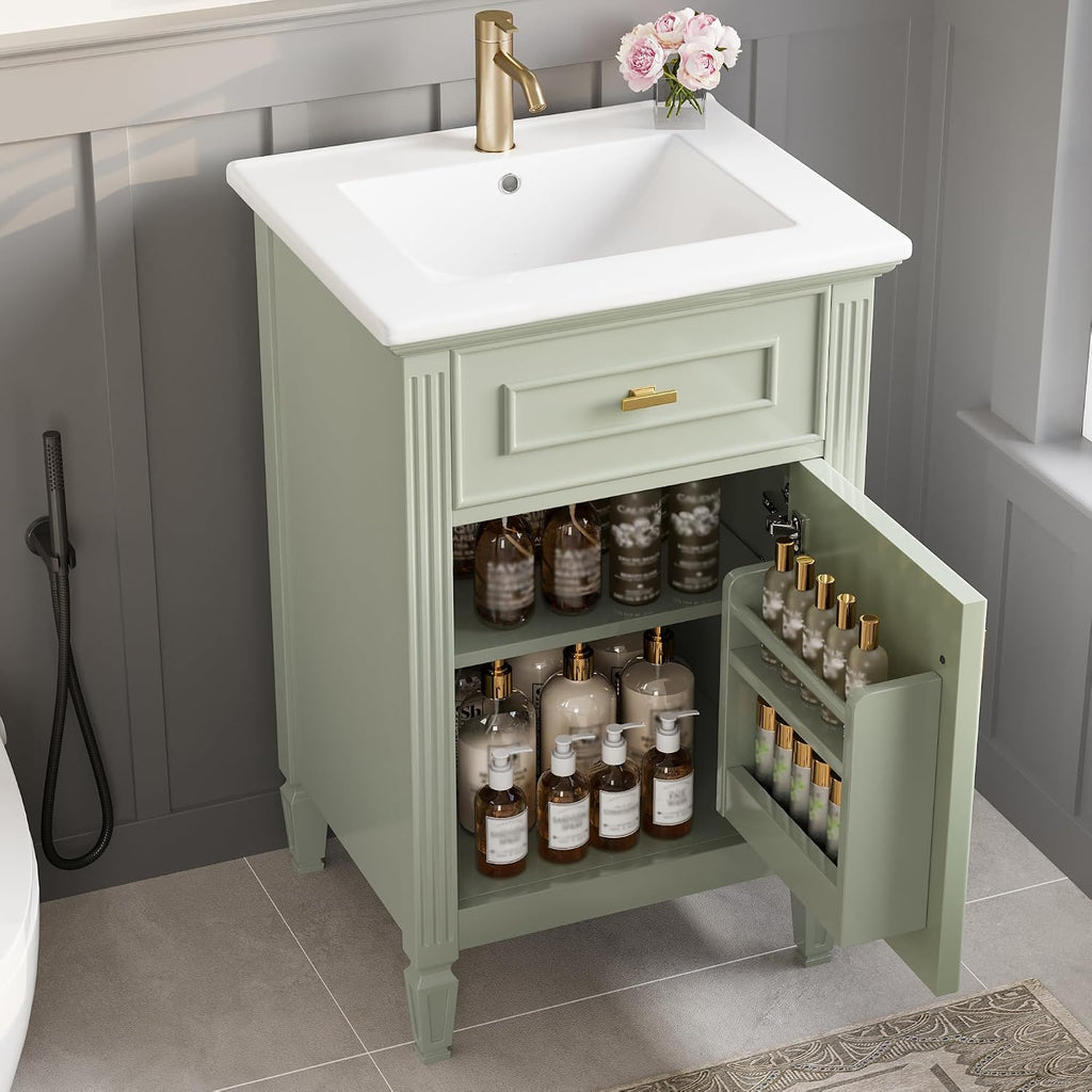 20'' Bathroom Vanity with Sink, Freestanding Storage Cabinet with Tilt-Out Drawer, Adjustable Shelf and Solid Wood Legs for Small Bathroom (Green-4.10)