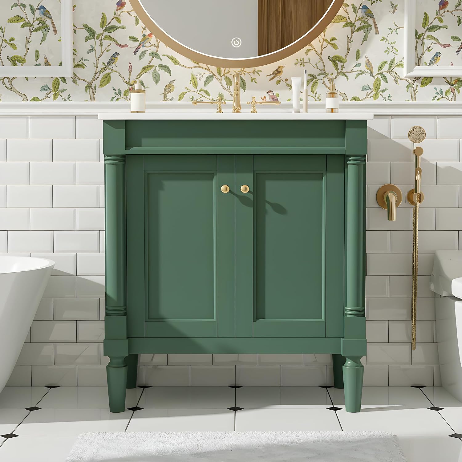 Merax 30' Bathroom Vanity with Sink, Powder Room Small Bathroom Vanity with 2-Door Cabinet, Ceramic Sink, Solid Wood Frame Bathroom Storage Cabinet
