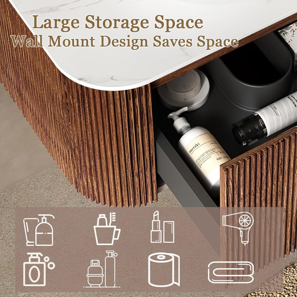 Eleshine 36 Inch Wall Mounted Floating Bathroom Vanity, Dark Walnut Cabinet with Carrara White Top & Stone Pattern Round Ceramic Sink, Soft Close Drawers, Pre-Assembled