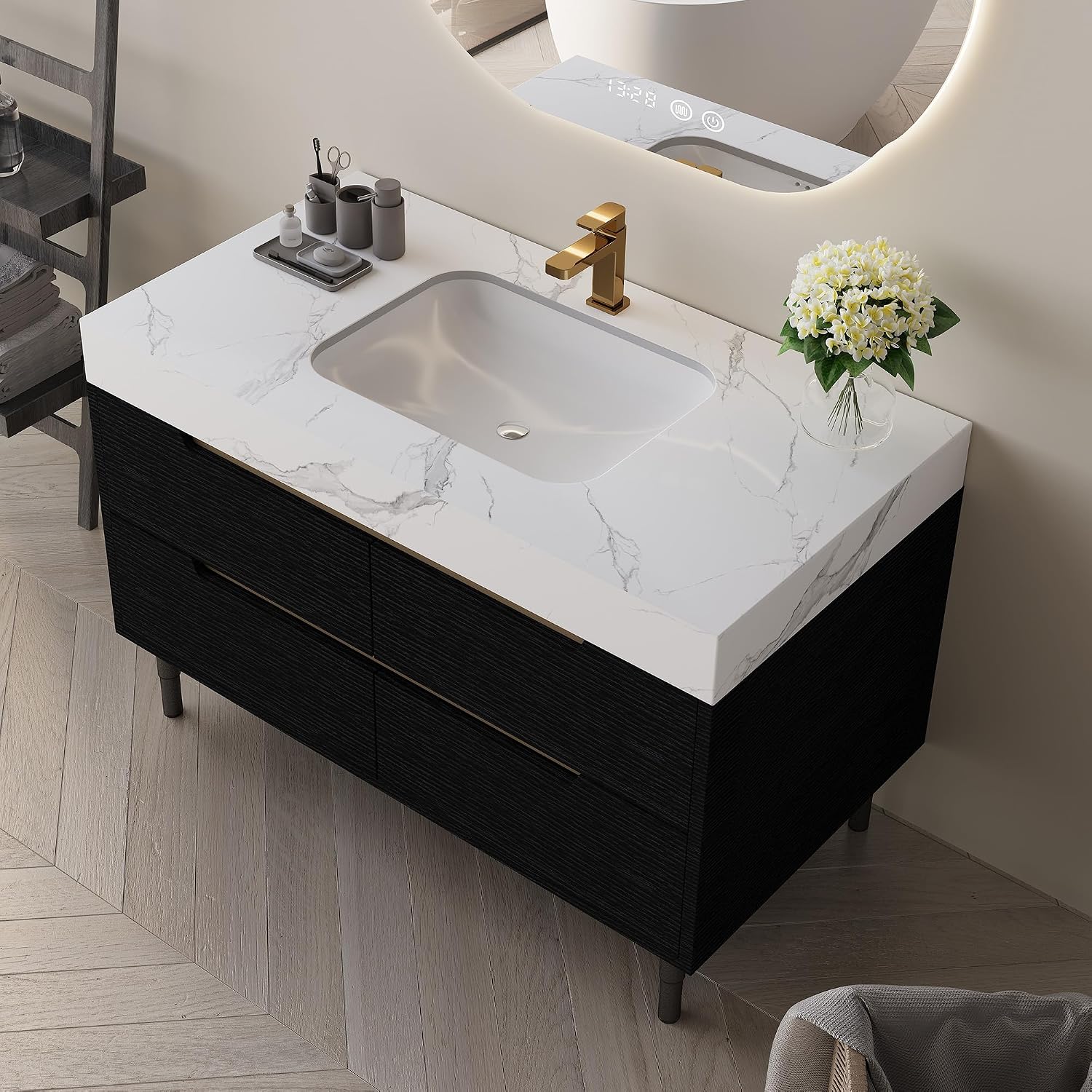 36' Bathroom Vanity with Undermount Sink Set, Modern Black 2-in-1 Wall Mounted & Freestanding Bathroom Vanity Cabinet with Sintered Stone top&4 Storage Drawers, Bathroom Single Sink Cabinet