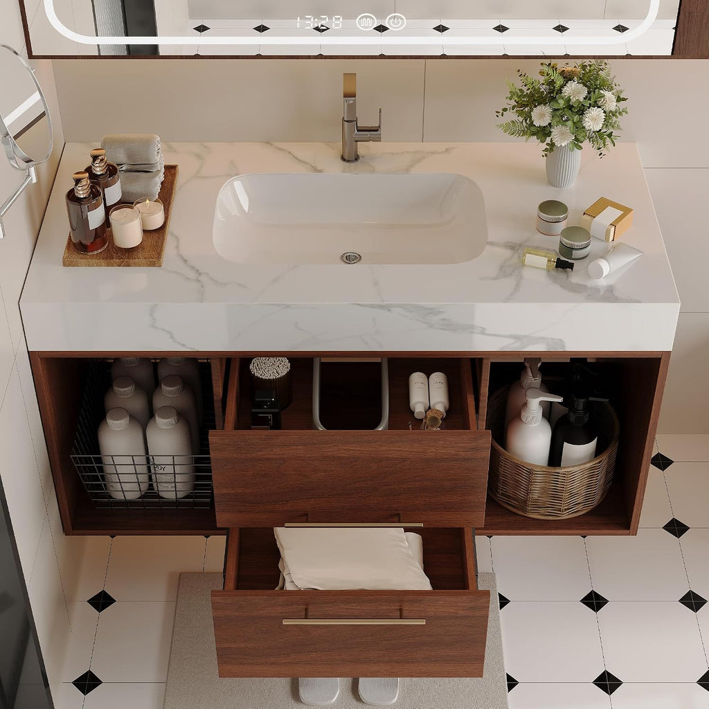 40' Bathroom Vanity with Sink Set, Modern Wall Mounted Bathroom Vanity Cabinet with Sintered Stone Top&Gold Handle 2 Drawers&2 Open Storage, Single Sink Floating Bathroom Vanities,Walnut