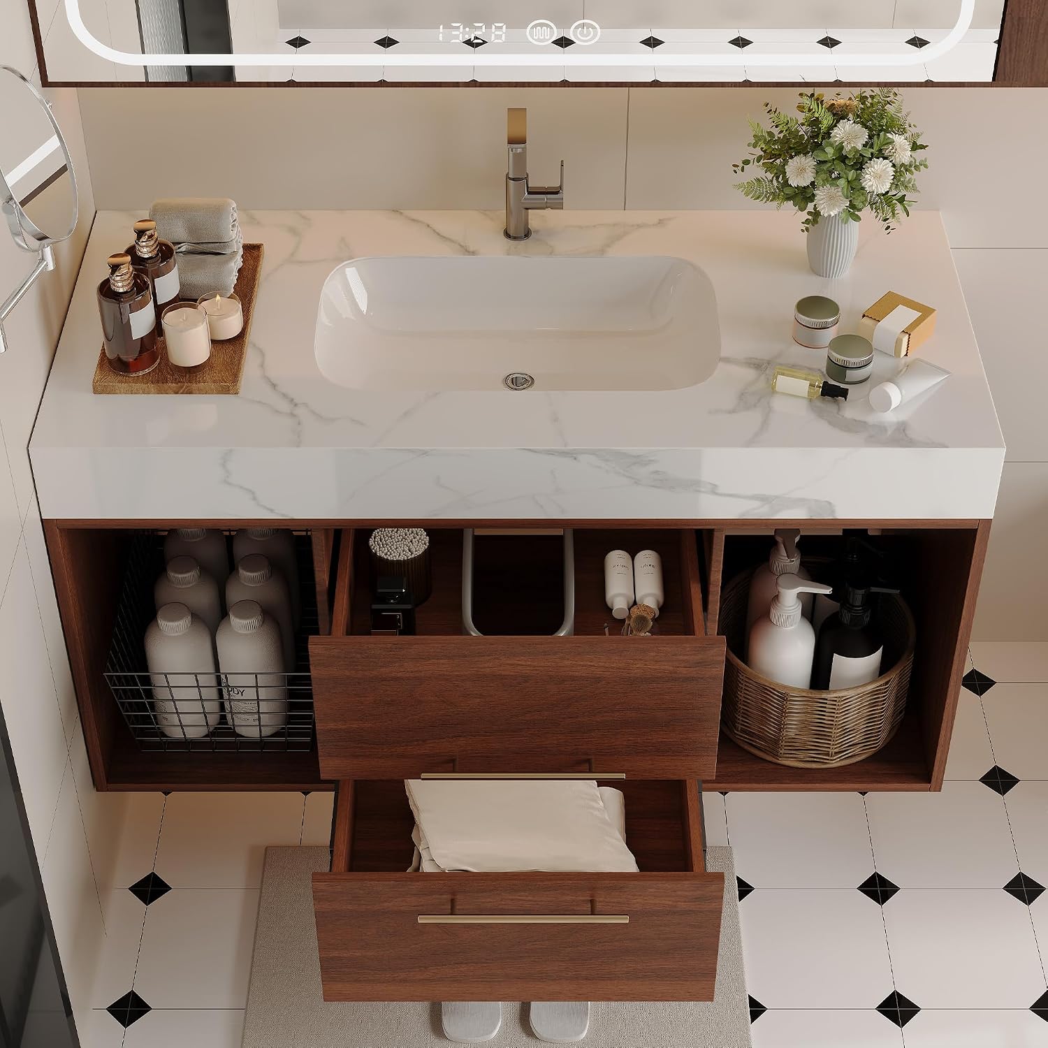 40' Bathroom Vanity with Sink Set, Modern Wall Mounted Bathroom Vanity Cabinet with Sintered Stone Top&Gold Handle 2 Drawers&2 Open Storage, Single Sink Floating Bathroom Vanities,Walnut