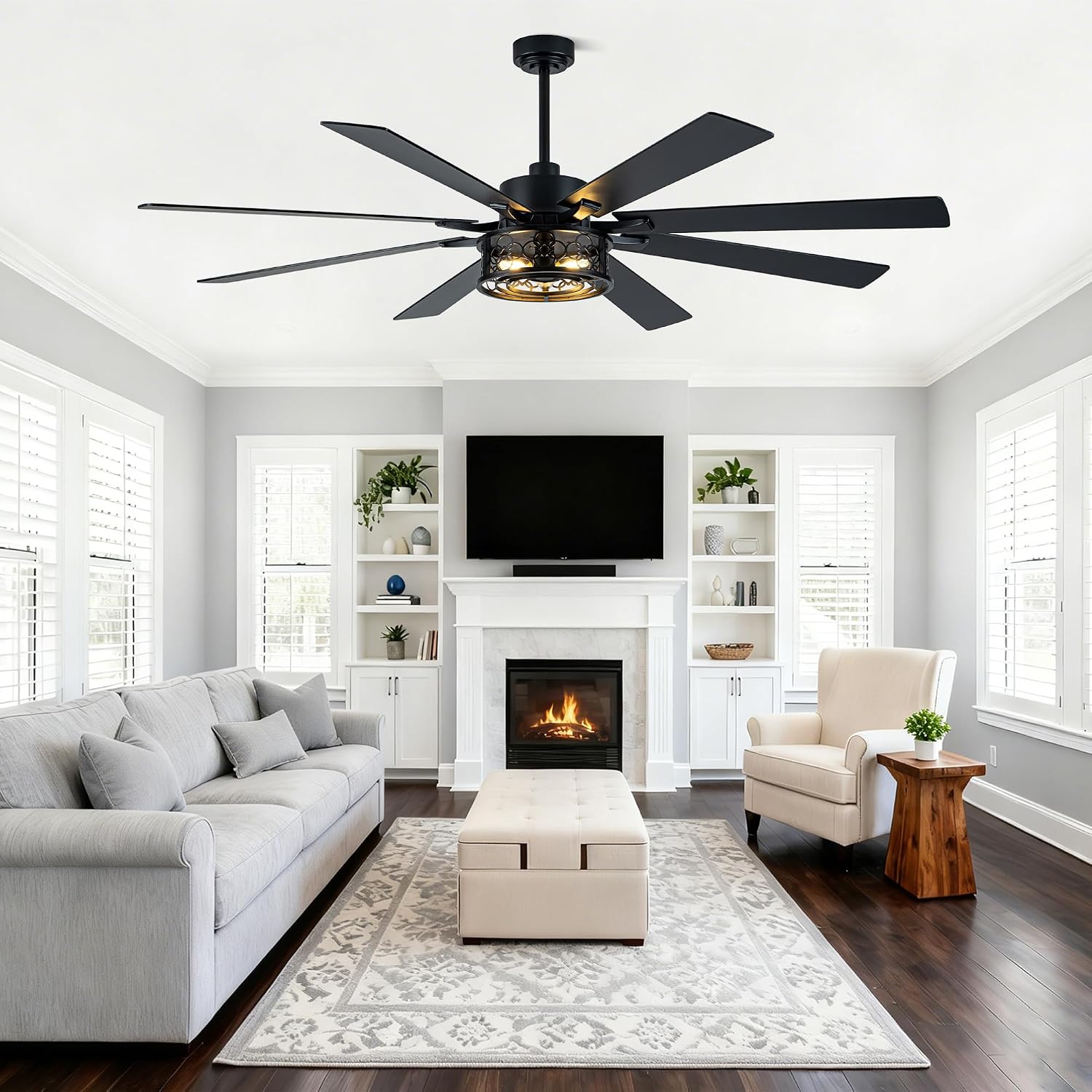 72 Inch Ceiling Fans with Lights, 6 Speed Reversible Quiet DC Motor 8 Dual Finish Wood Blades,Black Caged Rustic Large Industrial Ceiling Fans for Living Room Bedroom Patio,Indoor and Outdoor