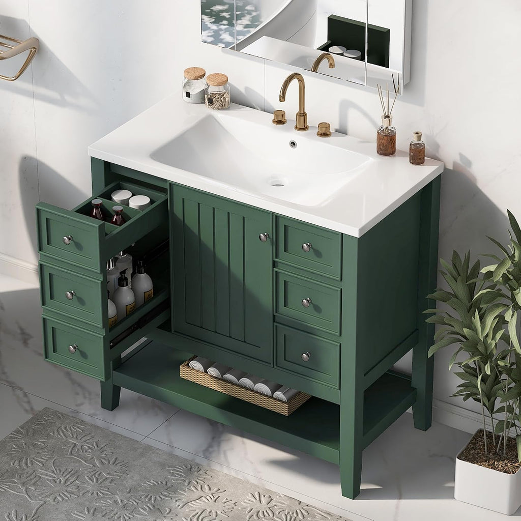 LUMISOL 36' Bathroom Vanity with Sink Combo, Bathroom Vanity Storage Cabinet with 3 Drawers & Open Shelf, Solid Wood Frame Bathroom Cabinet with Ceramic Sink, Green