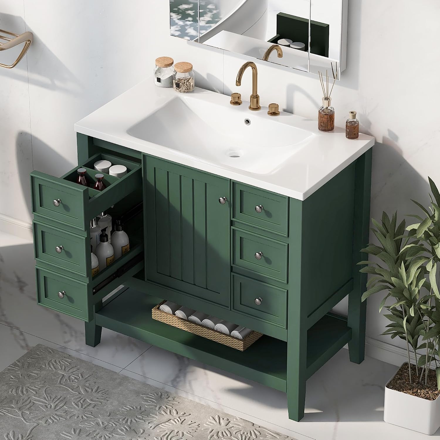 LUMISOL 36' Bathroom Vanity with Sink Combo, Bathroom Vanity Storage Cabinet with 3 Drawers & Open Shelf, Solid Wood Frame Bathroom Cabinet with Ceramic Sink, Green