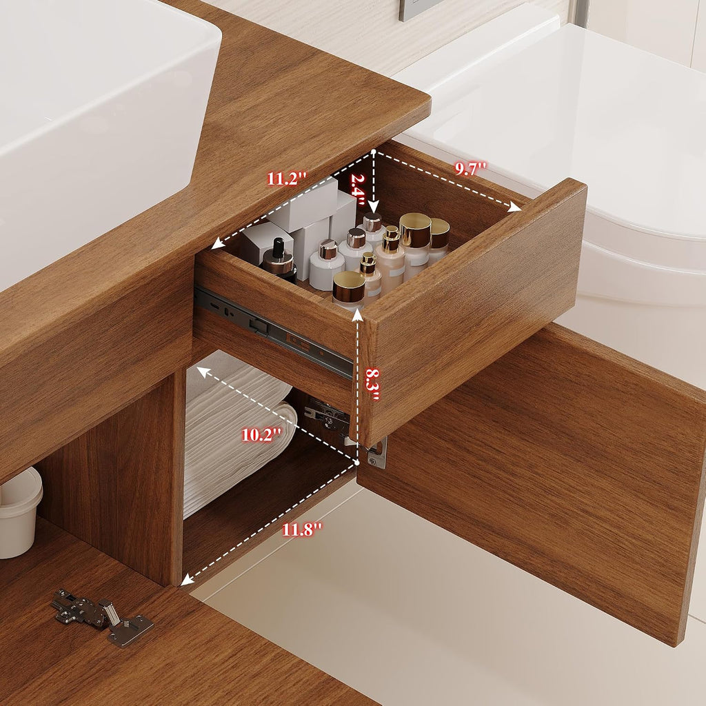 32' Floating Bathroom Vanity with Single Sink, Modern Wall Mounted Bathroom Vanities with Above Ceramic Basin, Wood Bathroom Vanity Cabinet with 1 Drawers and 2 Storage Cabinets, Walnut