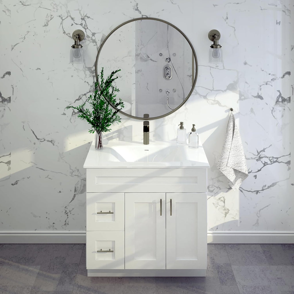 White Shaker Bathroom Vanity Sink Base with Drawers 36' Ready-to-Assemble Cabinet