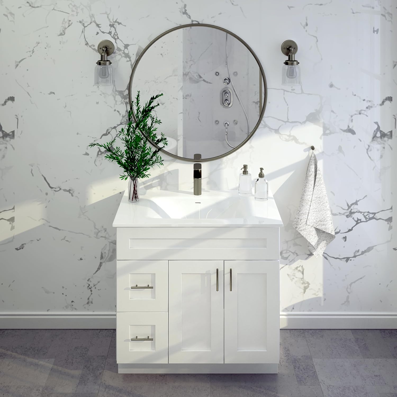 White Shaker Bathroom Vanity Sink Base with Drawers 36' Ready-to-Assemble Cabinet