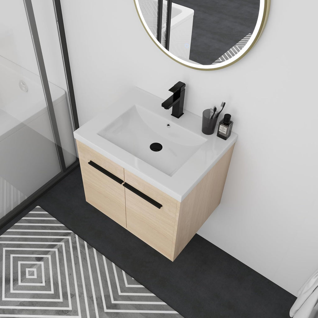 Floating Vanity Bathroom, 24 Inch Bathroom Vanity with Sink, Wall Mounted Single Sink Bathroom Vanity, Soft Closed Doors, Integrated Sink, Engineered Wood (Oak)