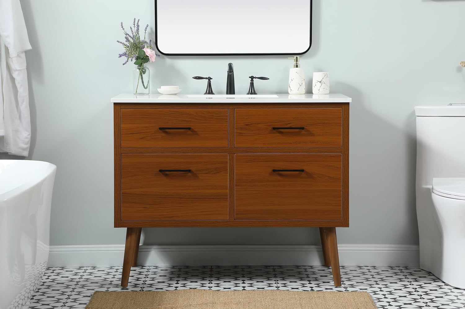 42' Pre-Assembled Bathroom Vanity with Sink, Engineered Wood, Ivory White Engineered Marble Countertop Attached, Single Rectangle Porcelain Sink, 2 Soft-Close Drawers, Teak