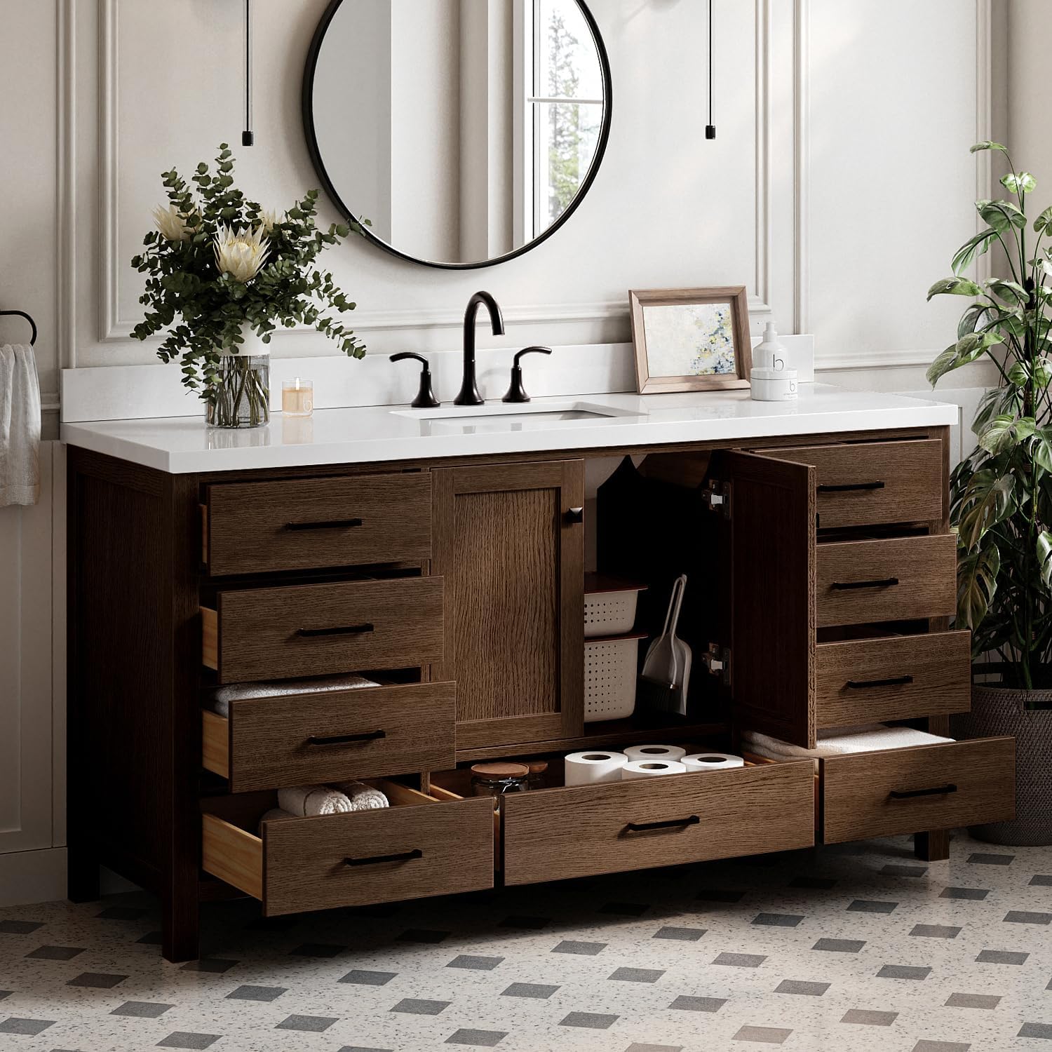 ARIEL Cambridge 66-inch Bathroom Vanity with Sink,Solid Wood, 1.5-inch Pure White Quartz Countertop, Single Rectangular Porcelain Sink, 2 Soft Closing Doors, 9 Dovetail Drawers, Brown Oak