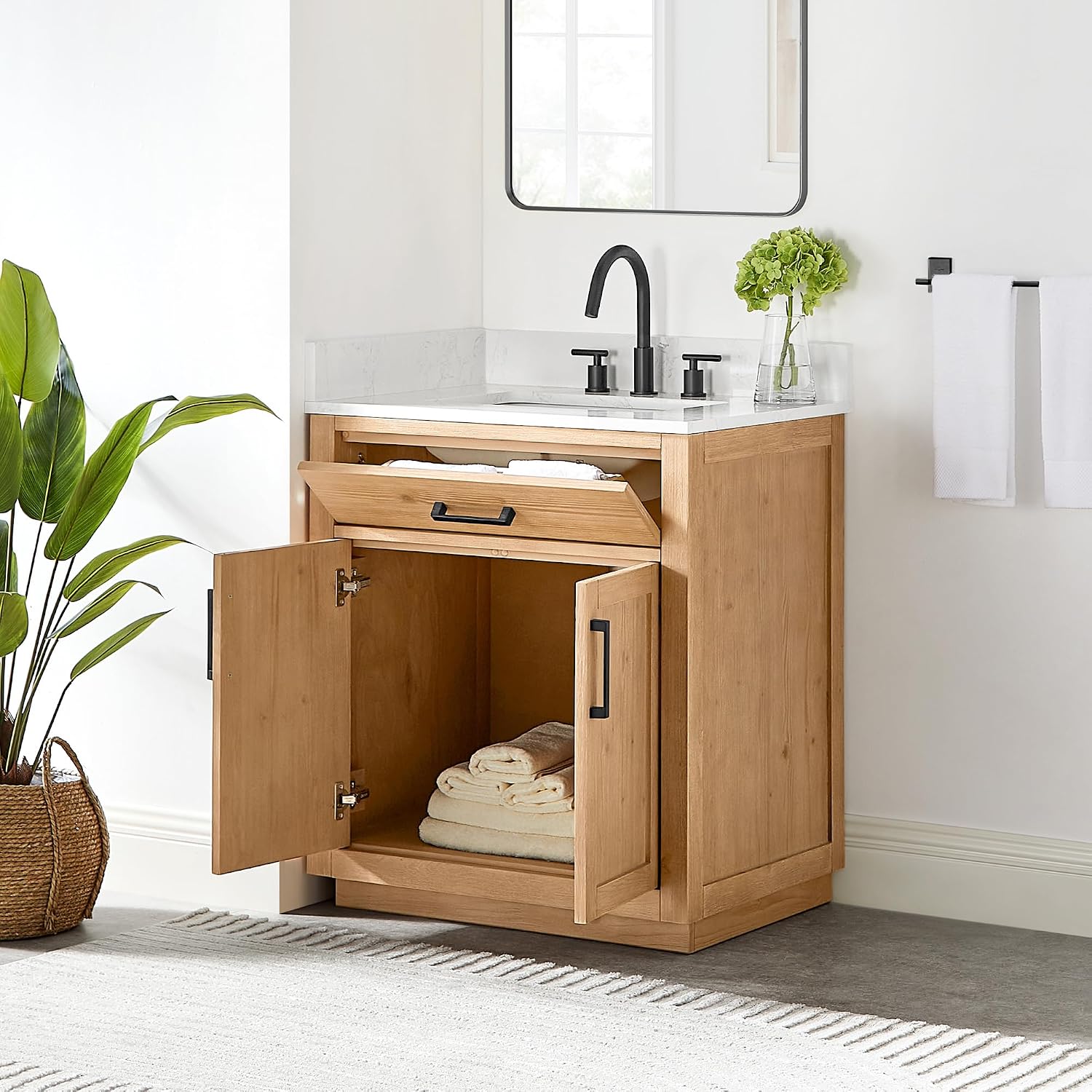 Altair Design Gavino 30' Wood Vanity in Light Brown White Engineered Stone Top no Mirror