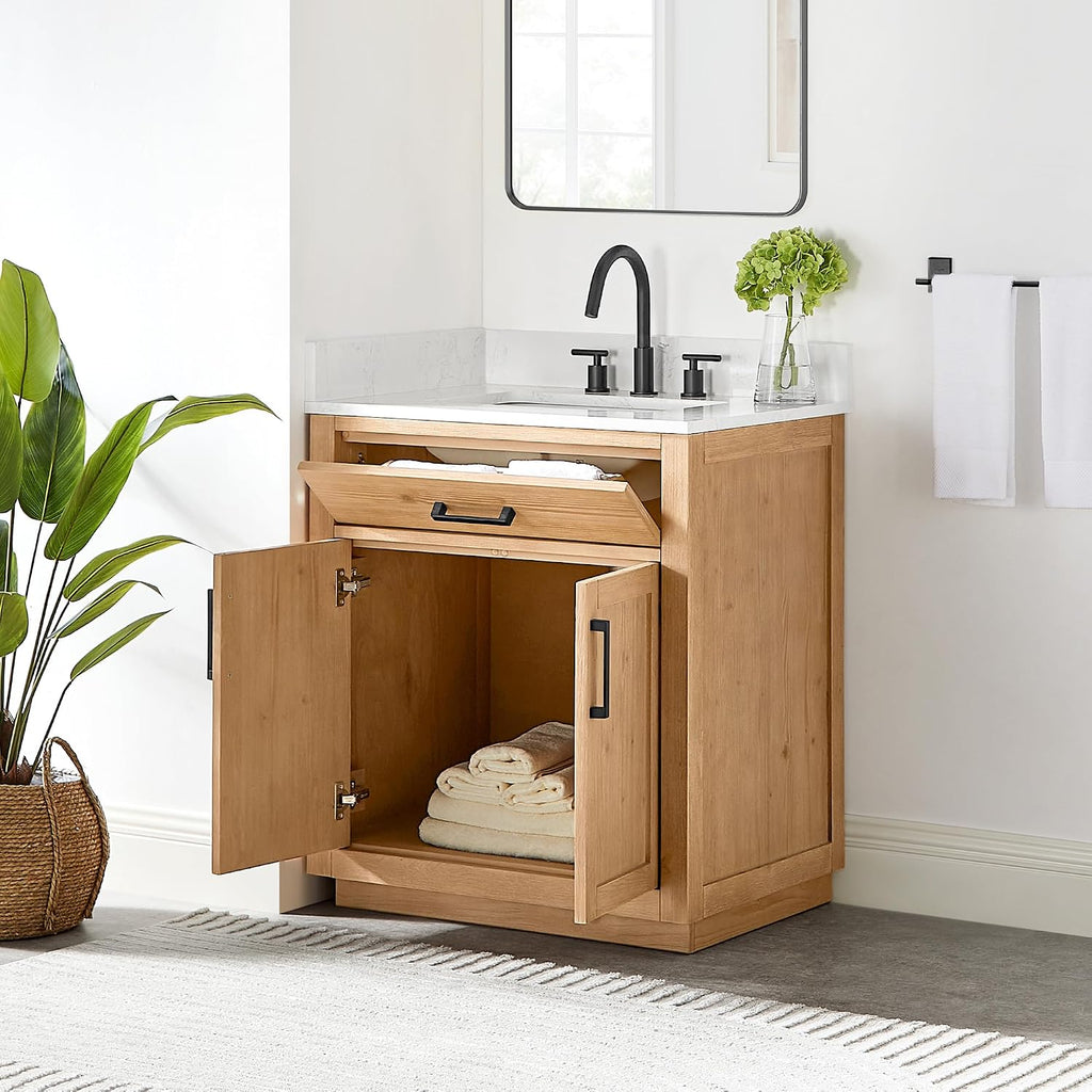 ALTAIR 30 Inch Vanity Bathroom Small Single Sink Vanities with Ceramic Countertop Pre-Assembled Sidesplash and Backsplash Included Light Brown