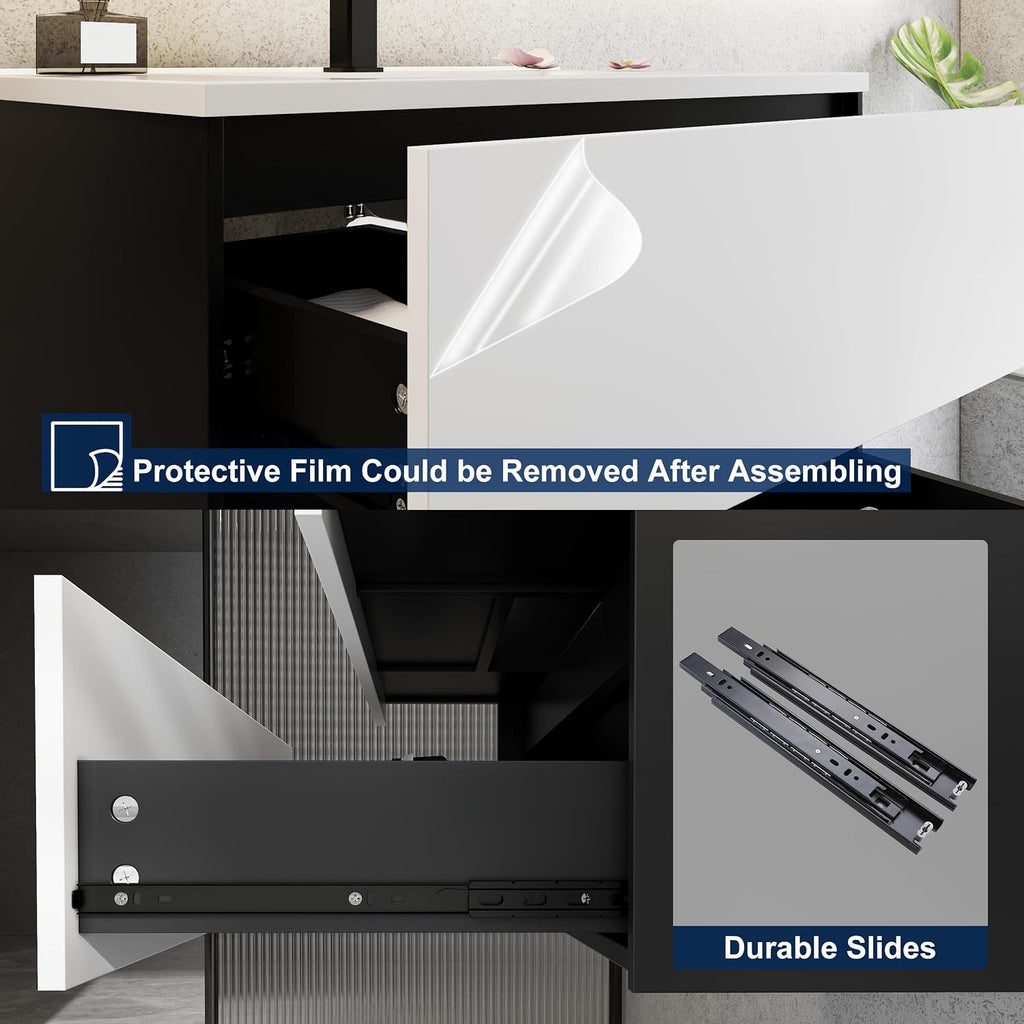 eclife 36' Bathroom Vanity Cabinet with Undermount White Sink Combo, Wall Mounted Floating Bathroom Cabinet with Colors Mixed Style, 2 Big Drawers & Matte Black Faucet