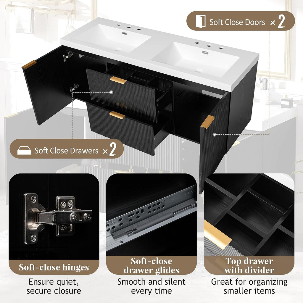 60' Bathroom Vanity with Sink Combo, Floating Double Sink Bathroom Vanity with SMC Resin Top, MDF Cabinet, Wall-Mounted Bath Room Vanities for Large Bathrooms (60''-Black)