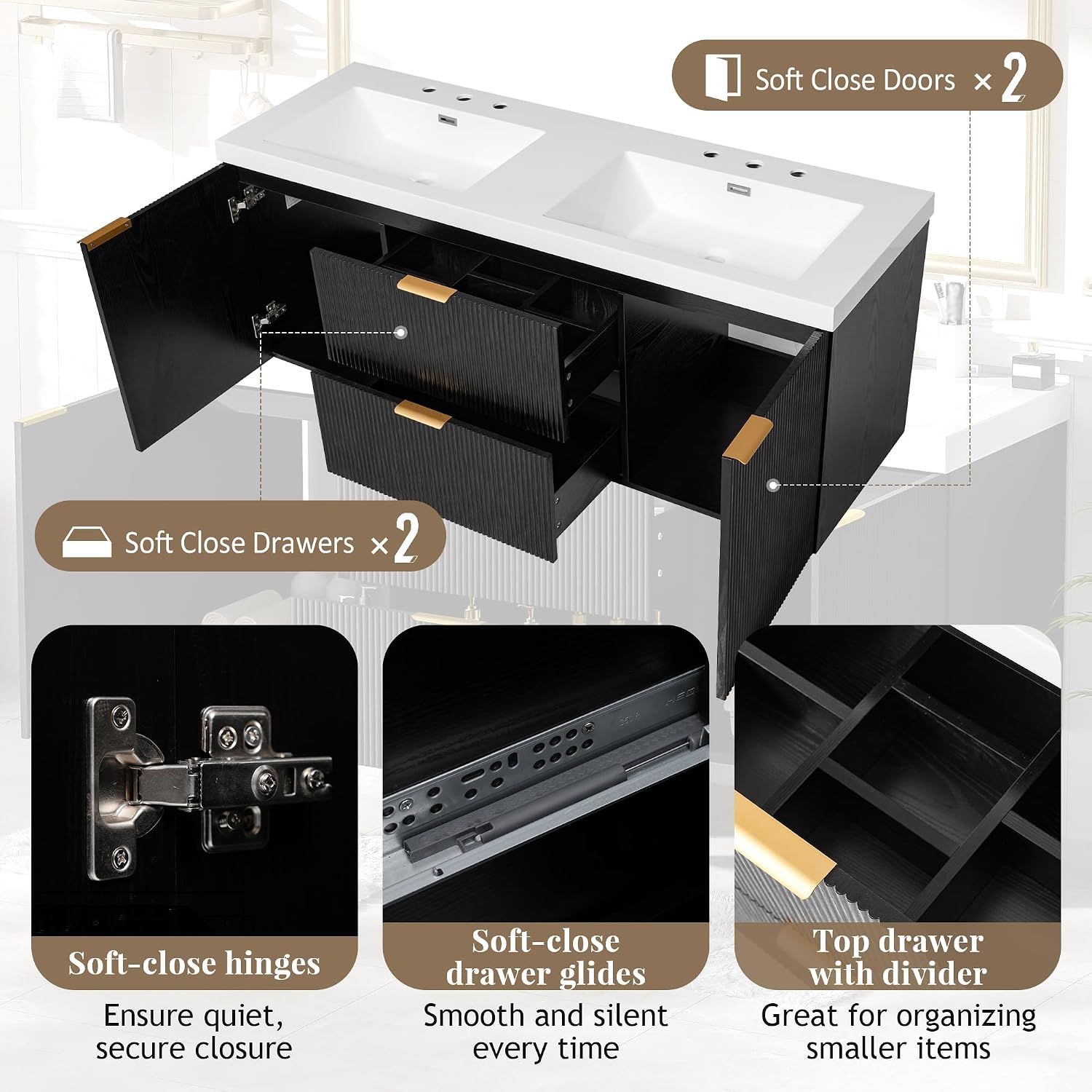 60' Bathroom Vanity with Sink Combo, Floating Double Sink Bathroom Vanity with SMC Resin Top, MDF Cabinet, Wall-Mounted Bath Room Vanities for Large Bathrooms (60''-Black)
