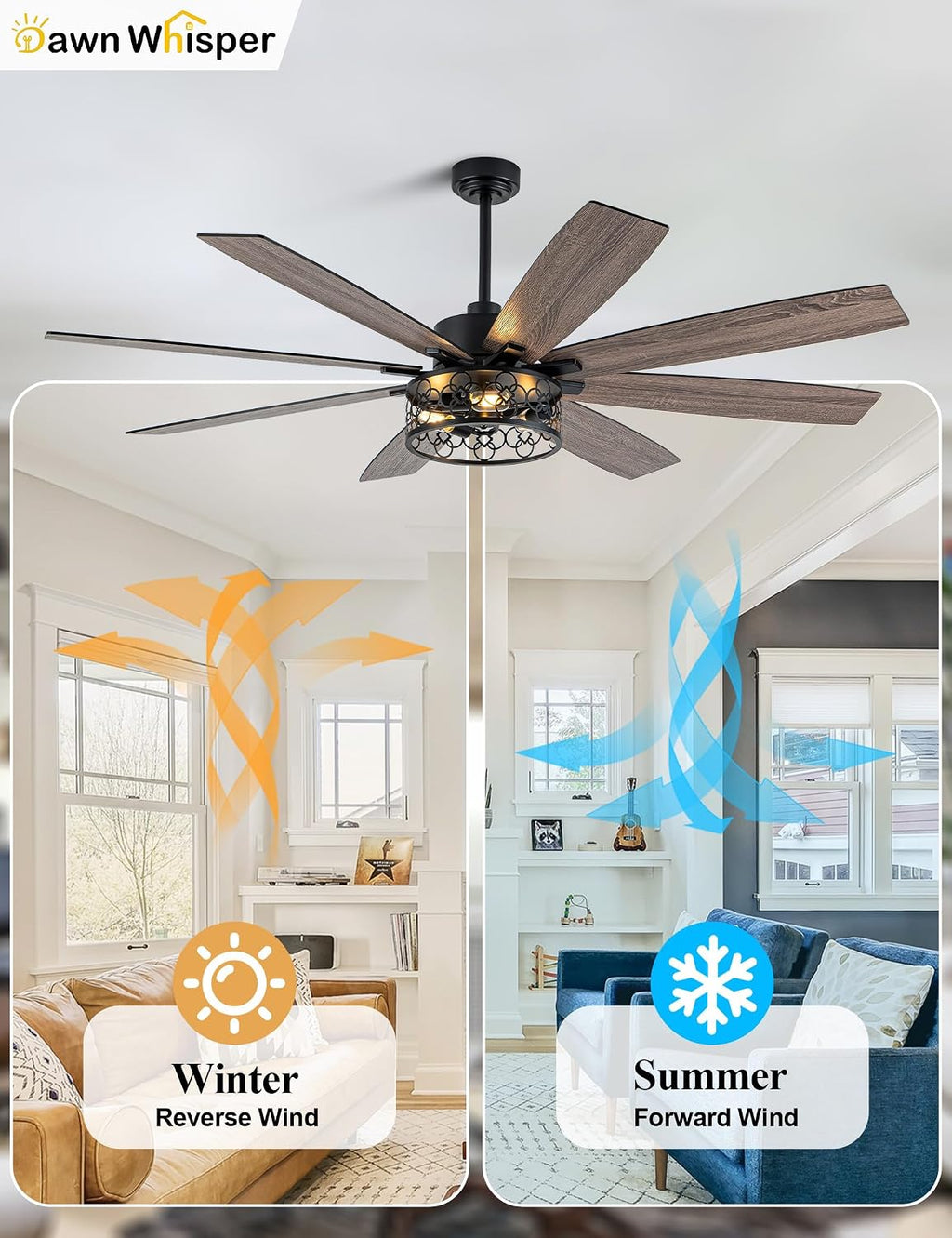 Dawn Whisper Farmhouse 72 Inch Ceiling Fans with Lights and Remote Quiet and Reversible DC Motor Black Industrial Rustic Caged Ceiling Fan for Bedroom Living Room Covered Patio