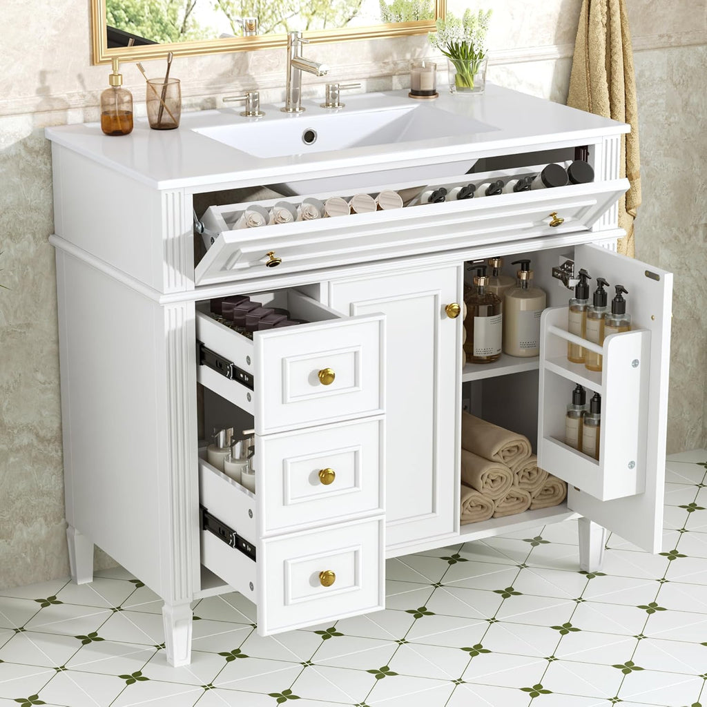 36' Bathroom Vanity Cabinet with Ceramic Countertop Sink Combo Set, Solid Wood Frame, Tilt-Out Drawers and Left Side Drawers, Soft Closing Door Hinges, Farmhouse Style, White