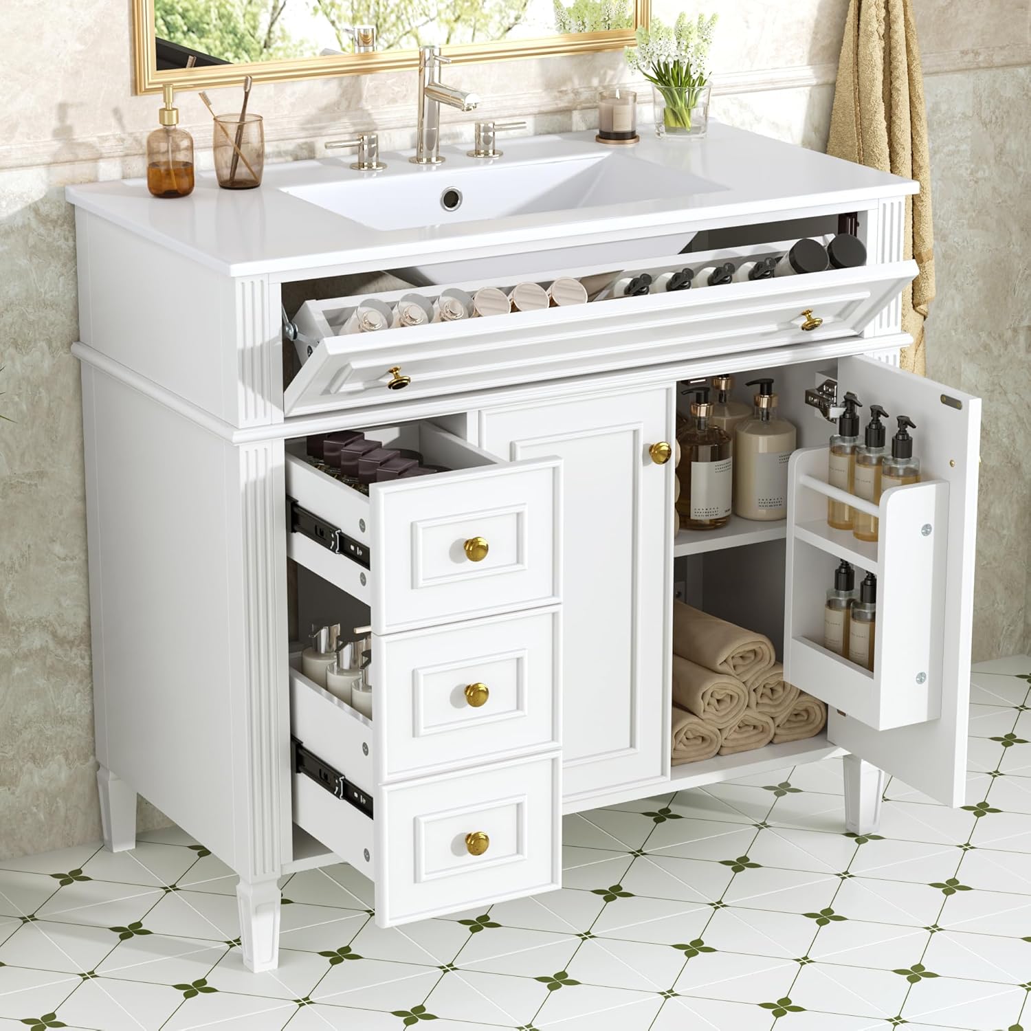 36' Bathroom Vanity Cabinet with Ceramic Countertop Sink Combo Set, Solid Wood Frame, Tilt-Out Drawers and Left Side Drawers, Soft Closing Door Hinges, Farmhouse Style, White