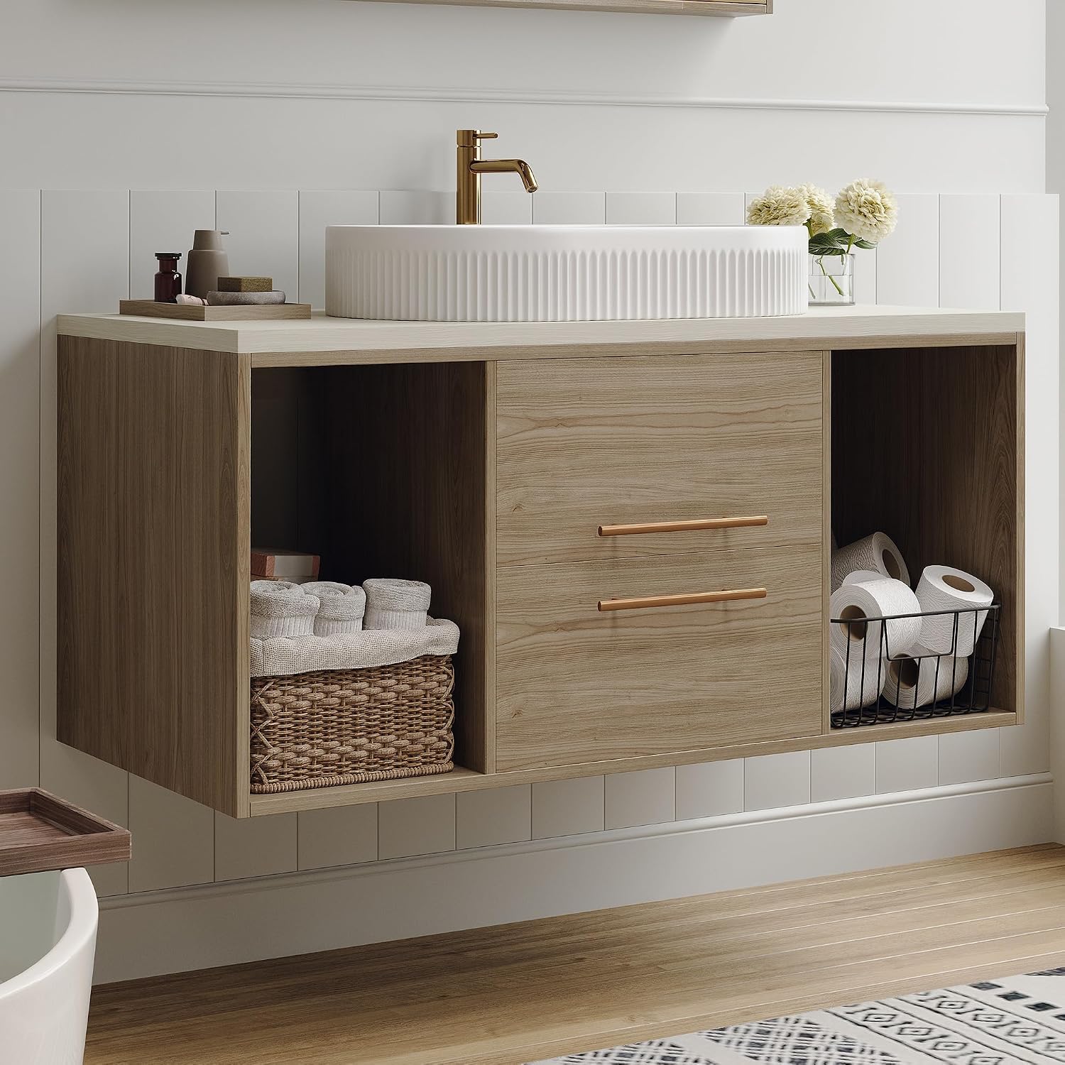 40' Bathroom Vanity with Sink Set, Modern Oak Wall Mounted Bathroom Vanity Cabinet with Above Oval Ceramic Sink,Gold Handle 2 Drawers & 2 Open Storage, Single Sink Floating Bathroom Vanity