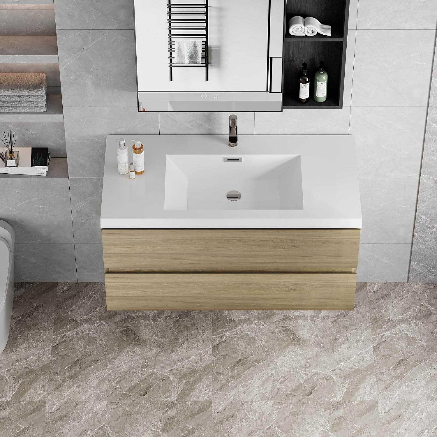 42' Floating Bathroom Vanity with Sink, Modern Wall Mounted Bathroom Storage Vanity Cabinet with Resin Top Basin and Soft Close Drawers, Natural Oak 24V11 42NO