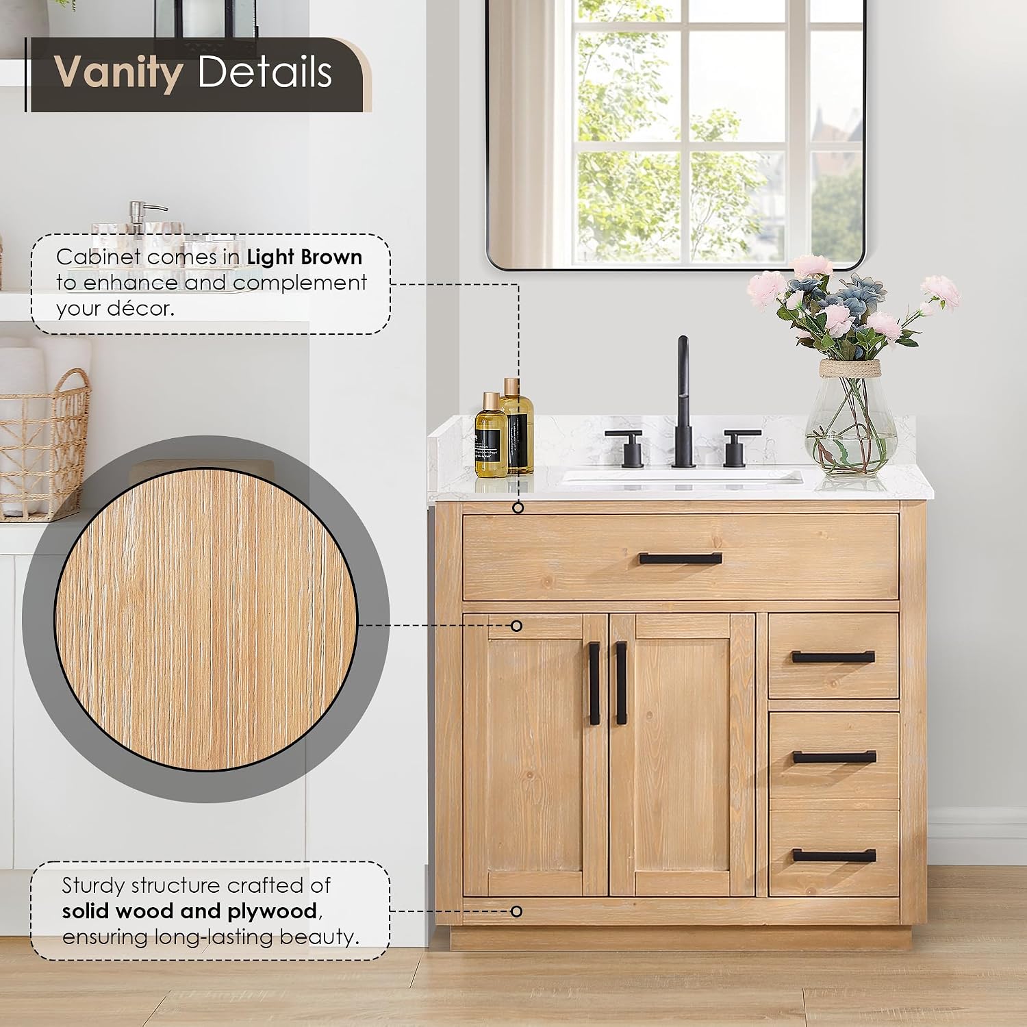 ALTAIR 36 Bathroom Vanity with Sink Mordern Freestanding Single Vanities Light Brown Large Storge Cabinet with Ceramic Countertop Pre-Assembled Sidesplash and Backsplash Included