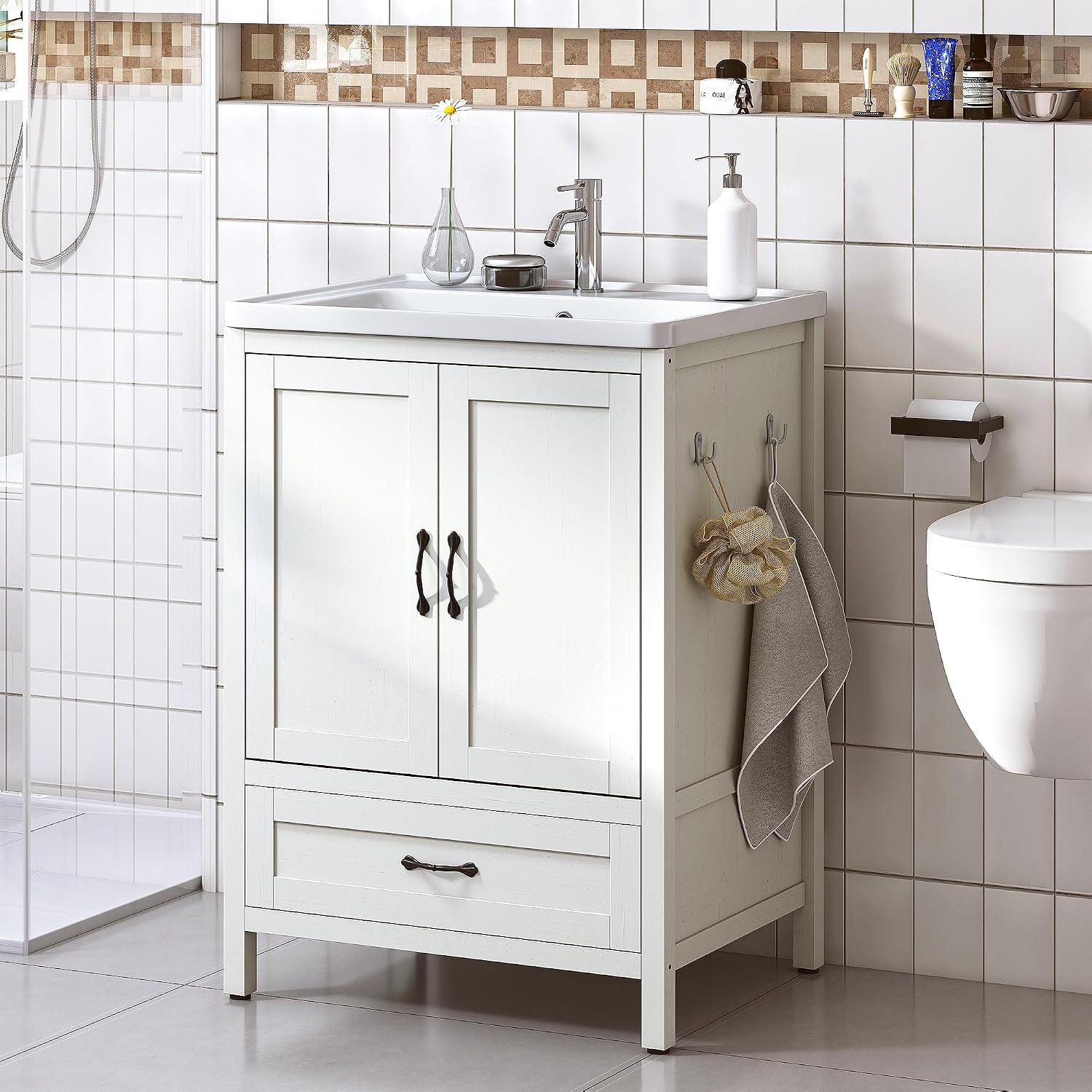 Quikraen 24 Inch Bathroom Vanities,Sink Vanity for Small Space,Adjustable Upper Storage Cabinets and Lower Drawers Modern Bathroom Vanities Excluding the Sink（White）