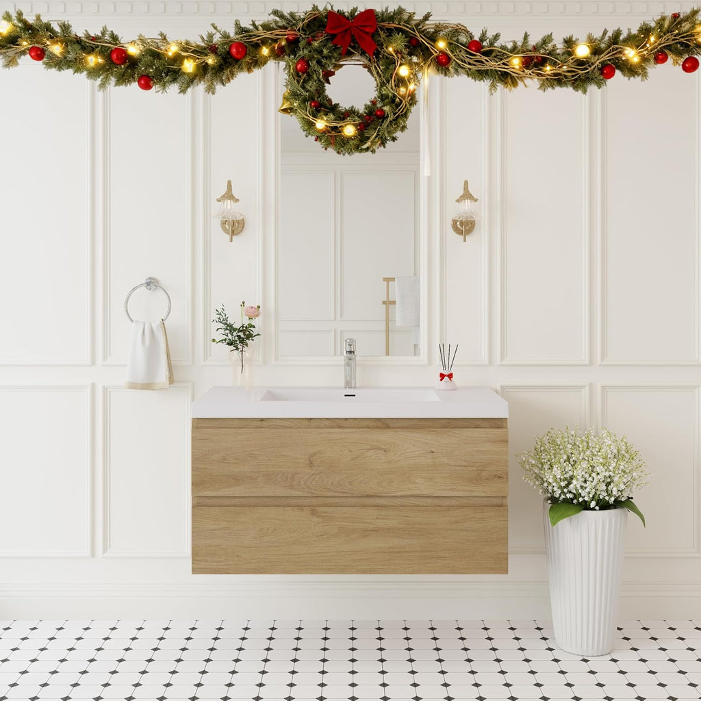 42' Floating Bathroom Vanity with Sink, Wall Mounted Bathroom Storage Vanity Cabinet with Solid Top Basin and Soft Close Drawers, Natural Oak