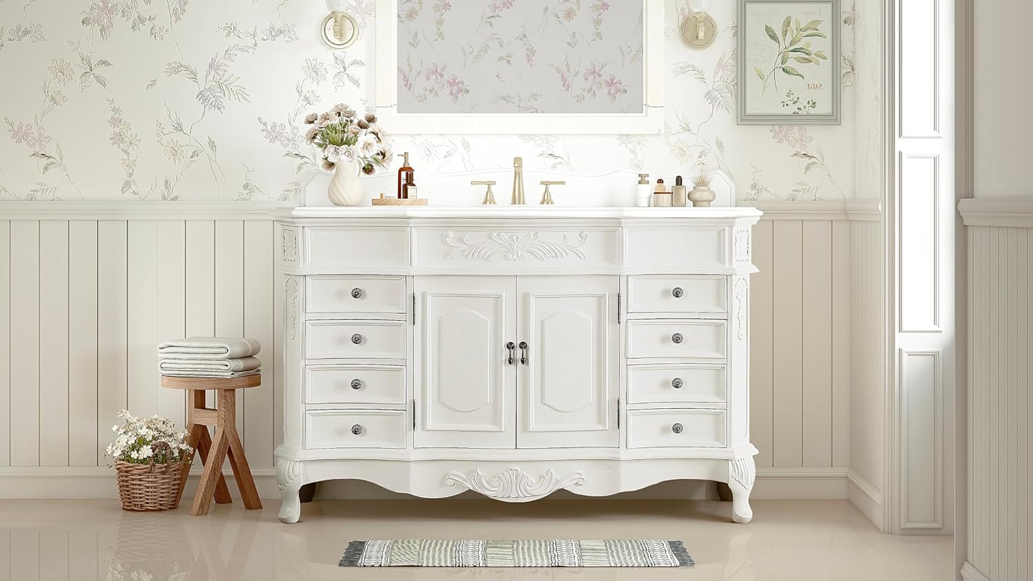 56 Inch Morton Antique Style White Single Sink Bathroom Vanity | White Quartz Top - CF-2815W-AW-56