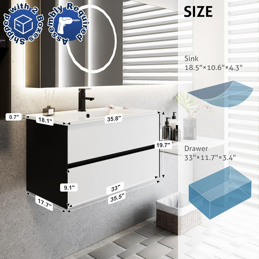 eclife 36' Bathroom Vanity Cabinet with Undermount White Sink Combo, Wall Mounted Floating Bathroom Cabinet with Colors Mixed Style, 2 Big Drawers & Matte Black Faucet