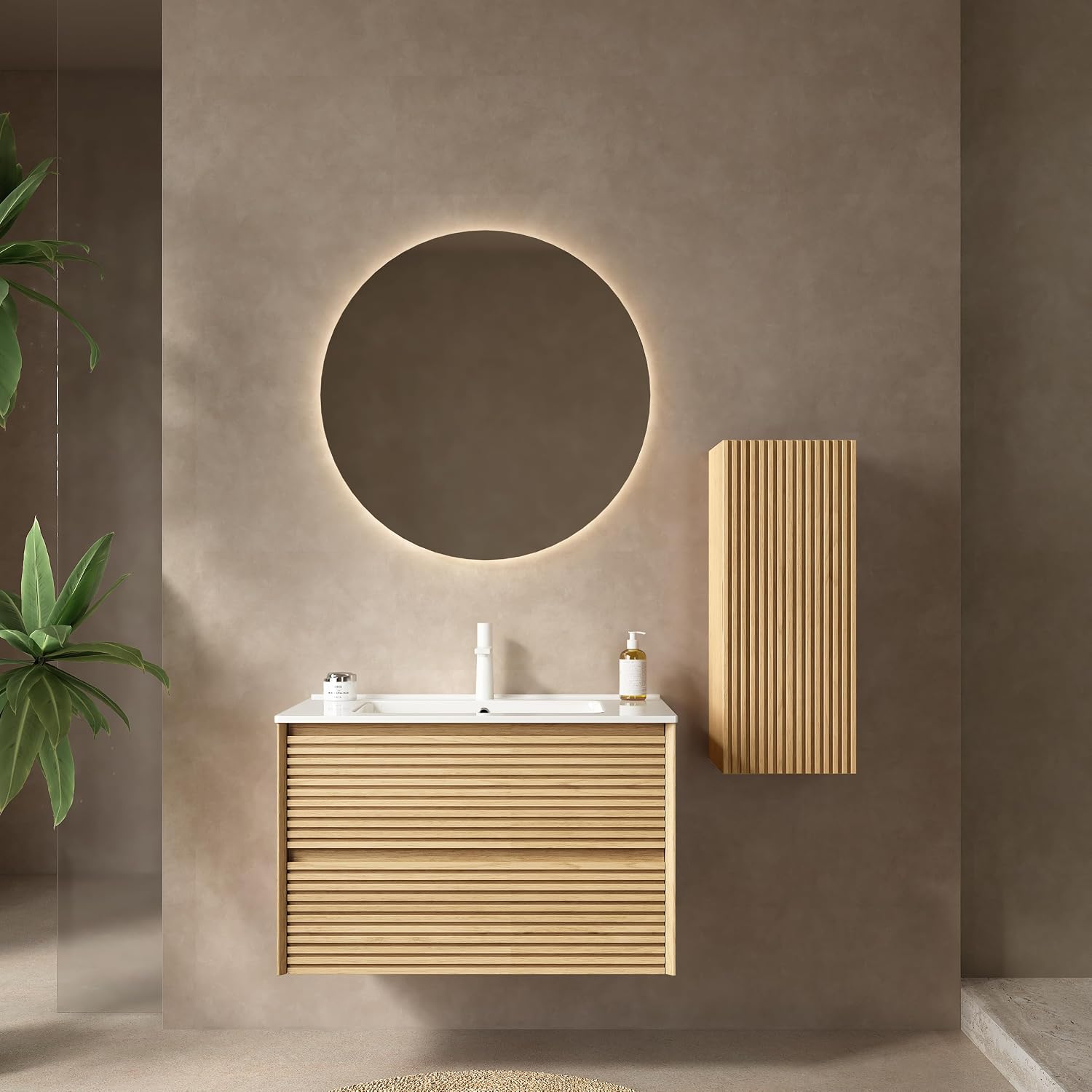 12' Wall-Mounted Floating Striped Bathroom Vanity Side Cabinet with a Door and a Shelf, (Suitable for Sedona Bathroom Vanity), Light Oak