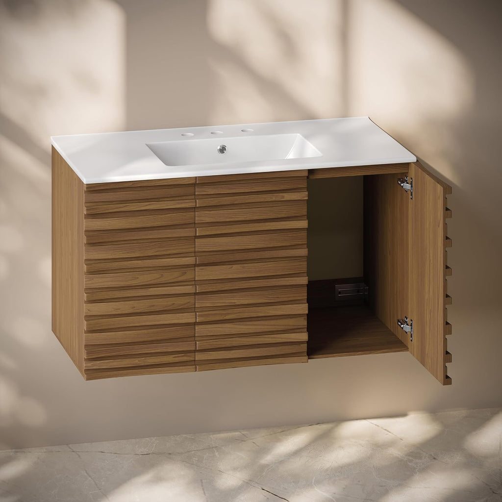 Swiss Madison Cascade 36' Wall-Mounted Bathroom Vanity in Brown Oak with 3-Hole Widespread Sink Top