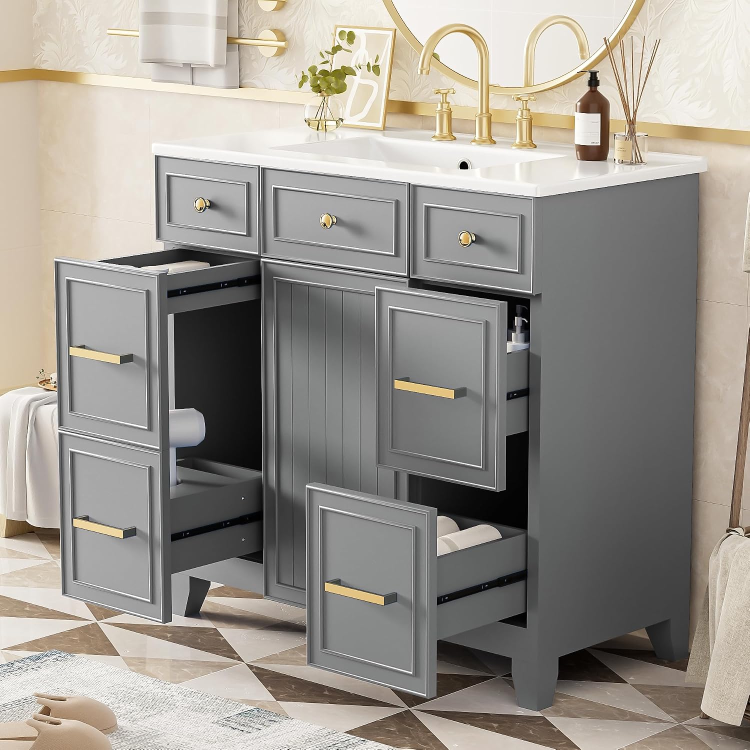 36' Bathroom Vanity Cabinet with Sink Top Combo Set, Grey, Single Sink, Shaker Cabinet with Soft Closing Door and Drawer, Grey